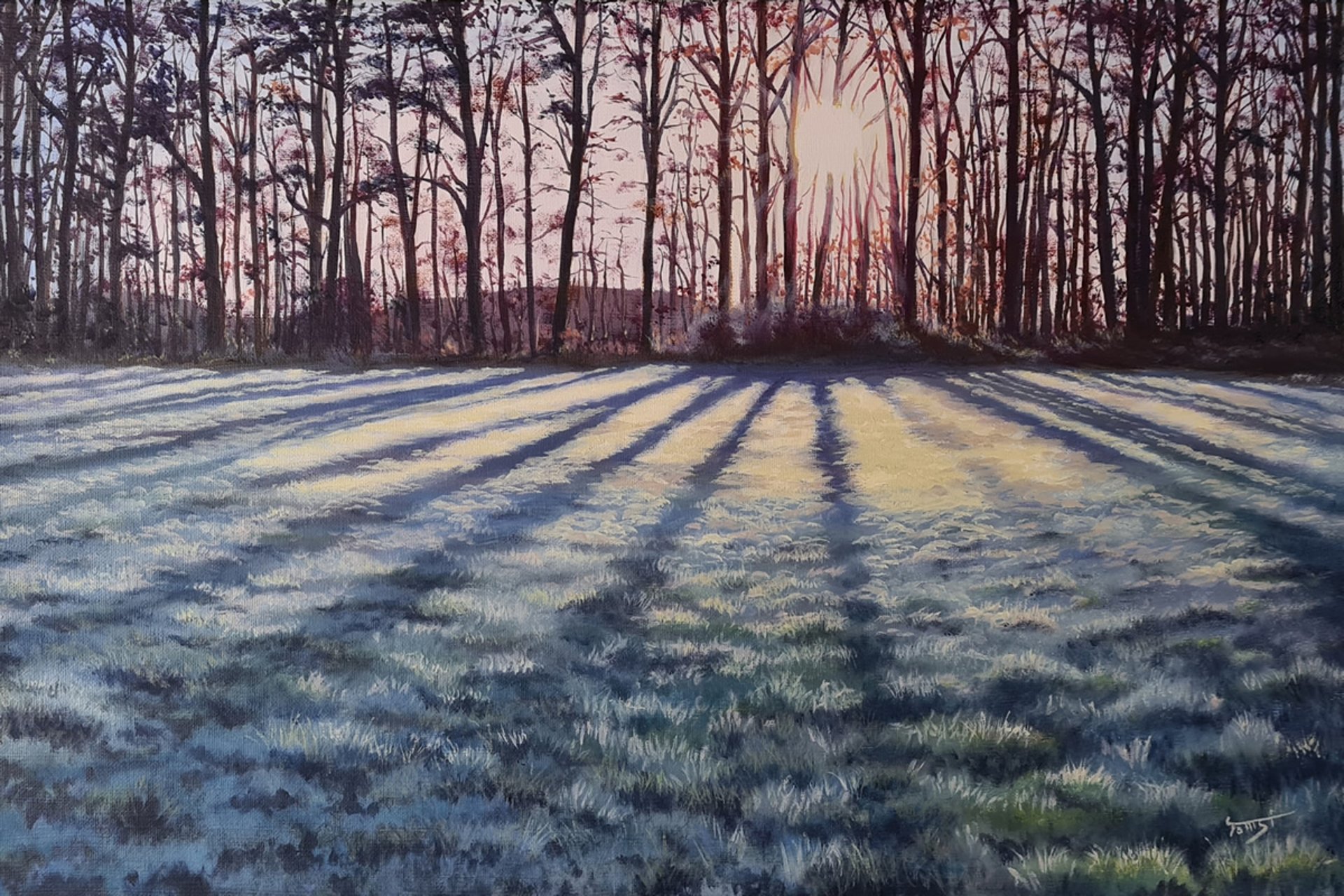 Winter morning landscape with long shadows and frost on a meadow, oil on canvas by TomSi