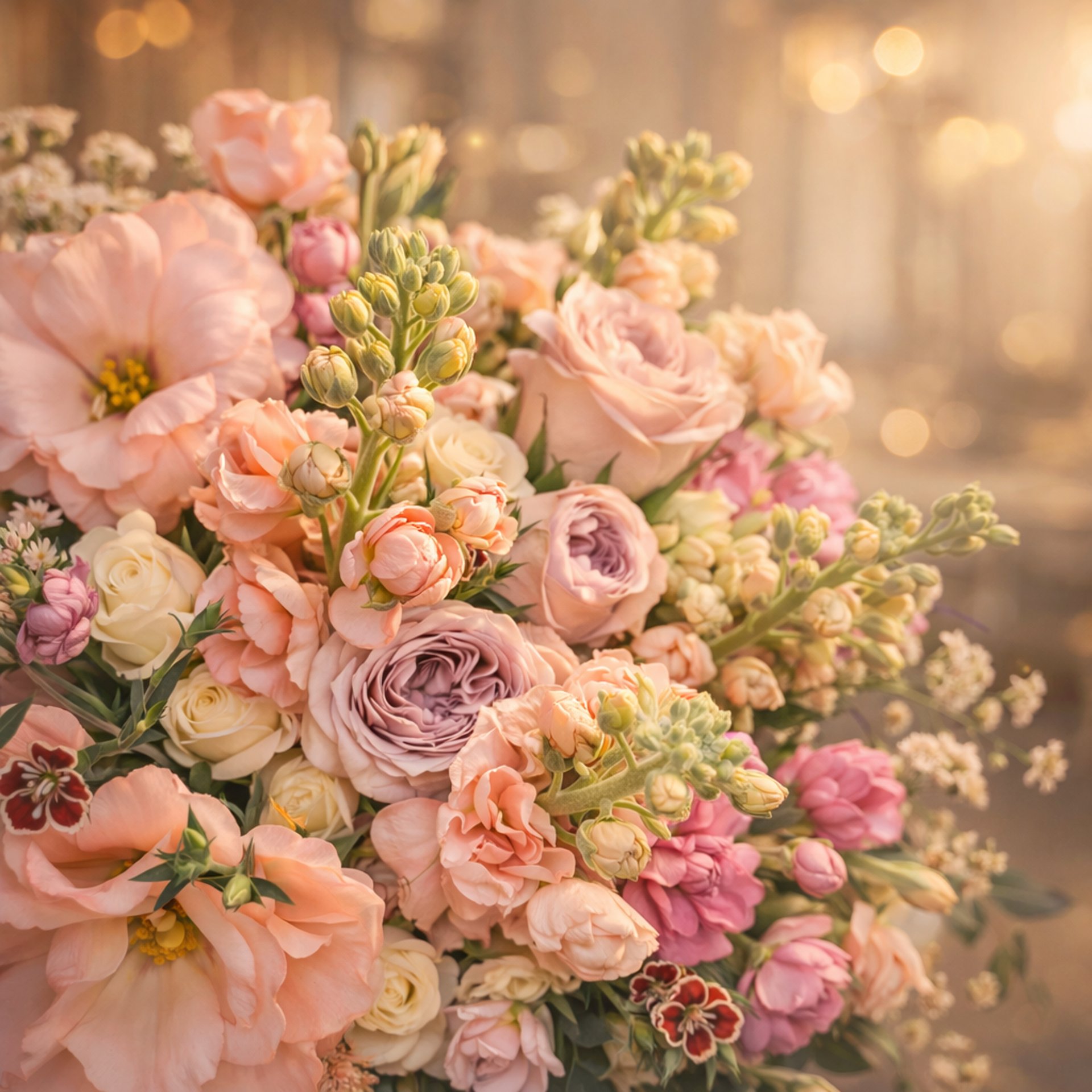 Ramo floral romántico con rosas, peonías y flores en tonos durazno, rosa y crema con luz cálida de fondo 