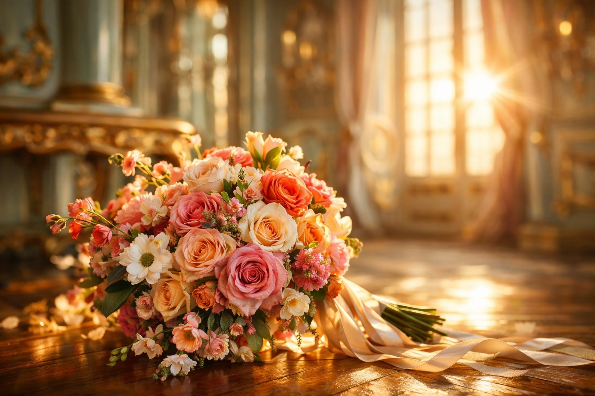 Ramo de rosas en tonos durazno, rosa y crema iluminado por la luz dorada en un elegante salón clásico