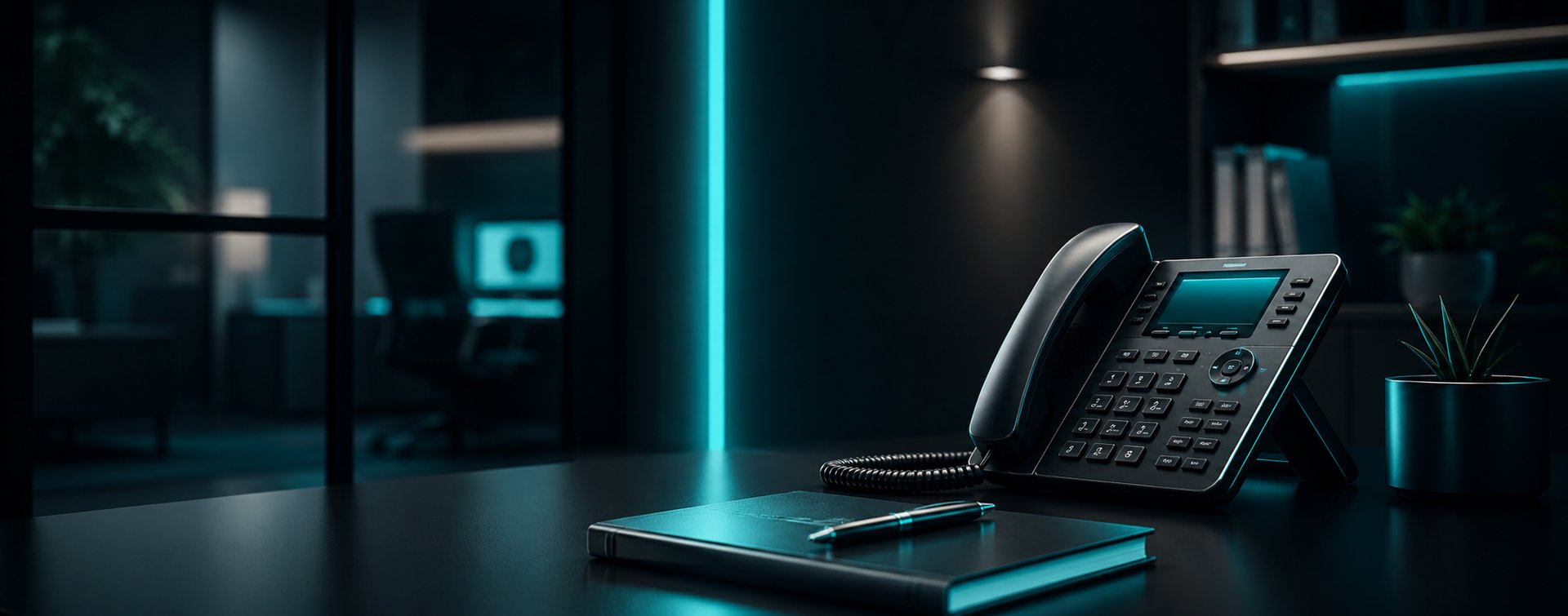 black ip desk phone on black wooden table