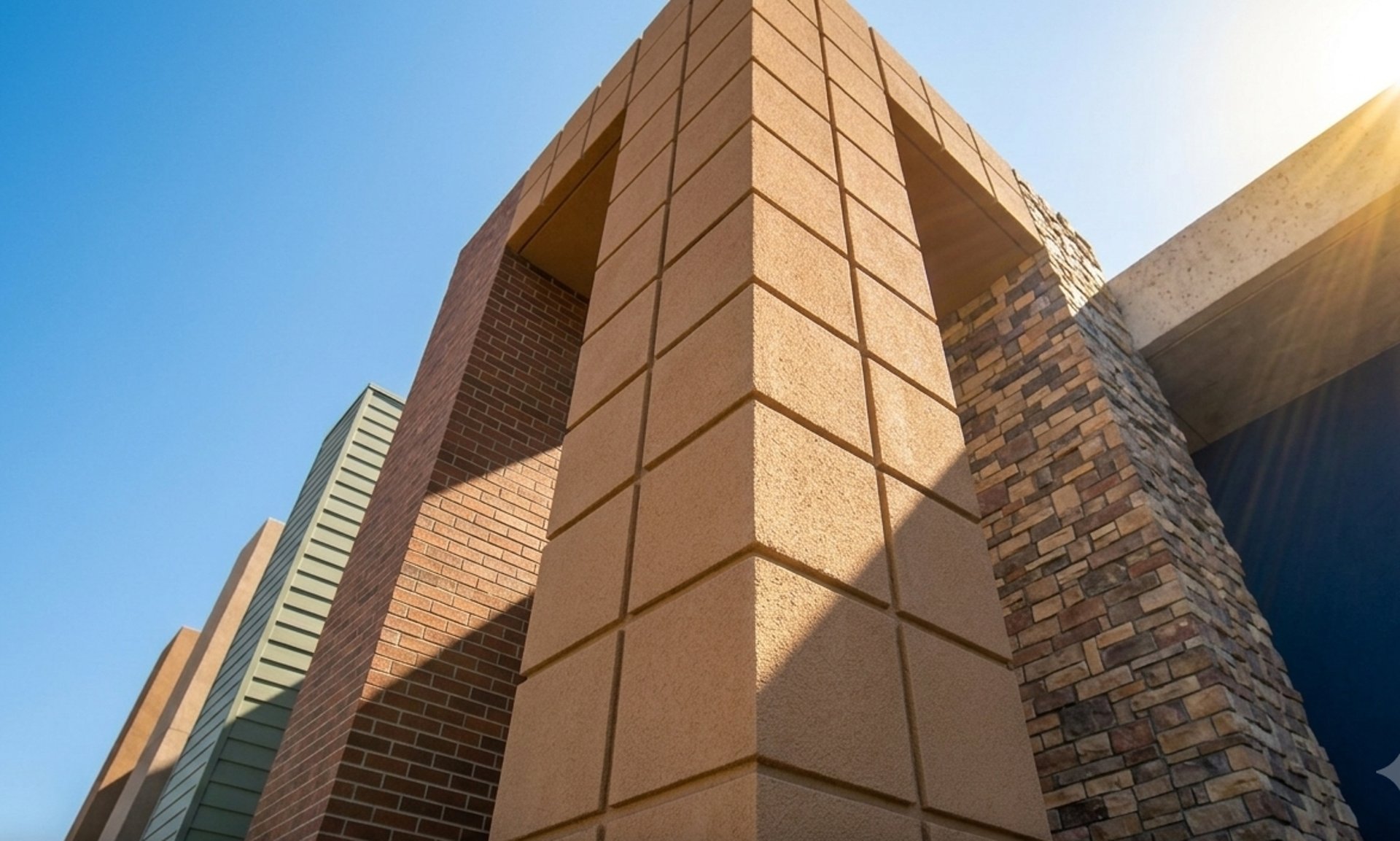 an abstract photo of a curved building with a blue sky in the background