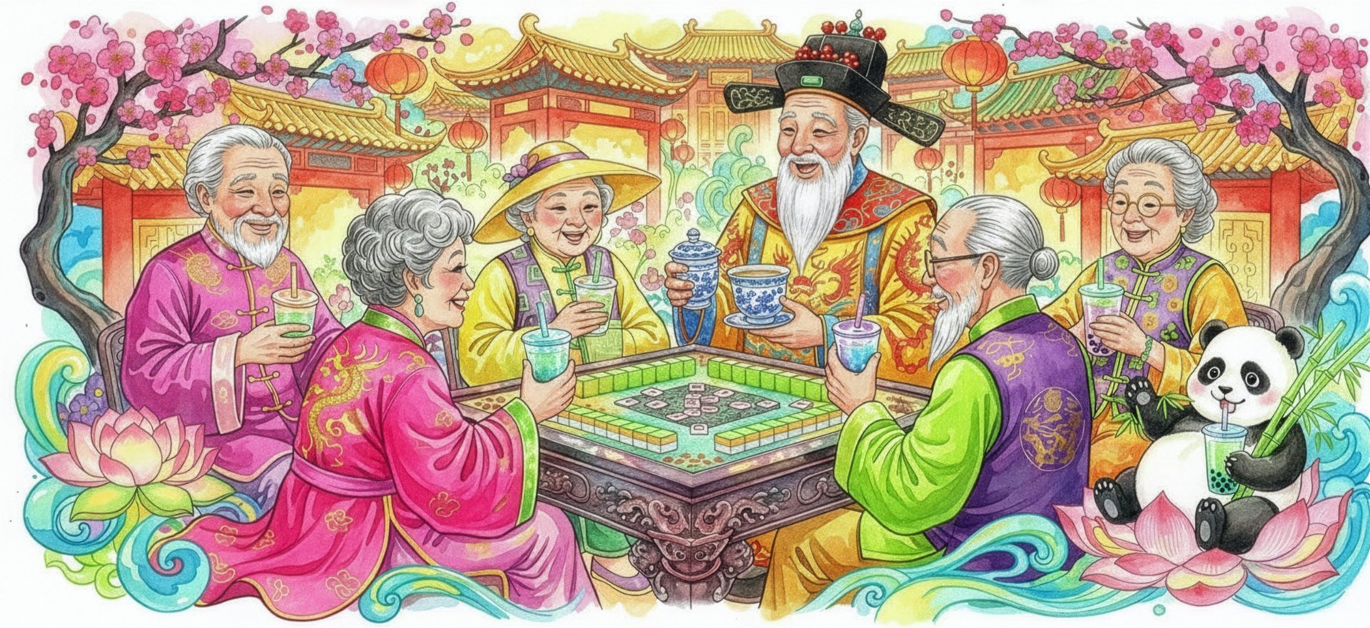 Seniors playing mahjong and drinking bubble tea