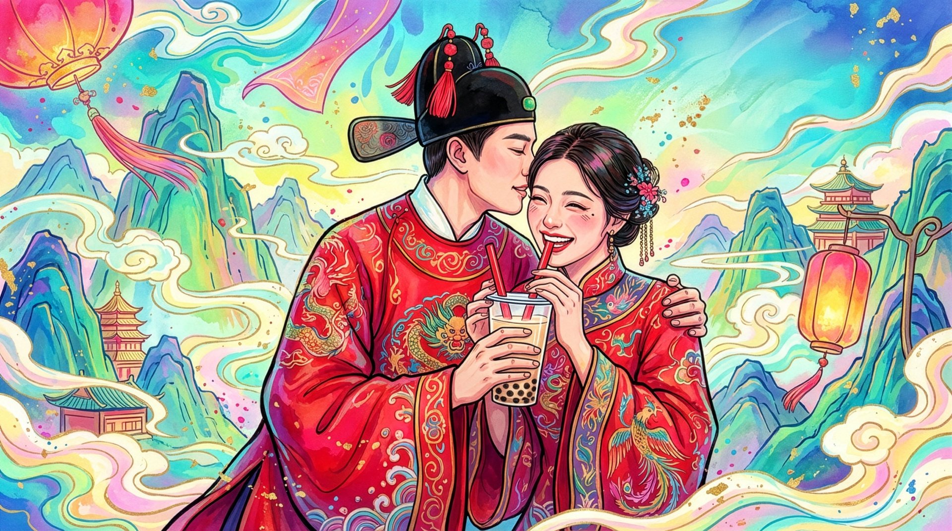 Chiense wedding bride and groom drinking bubble tea