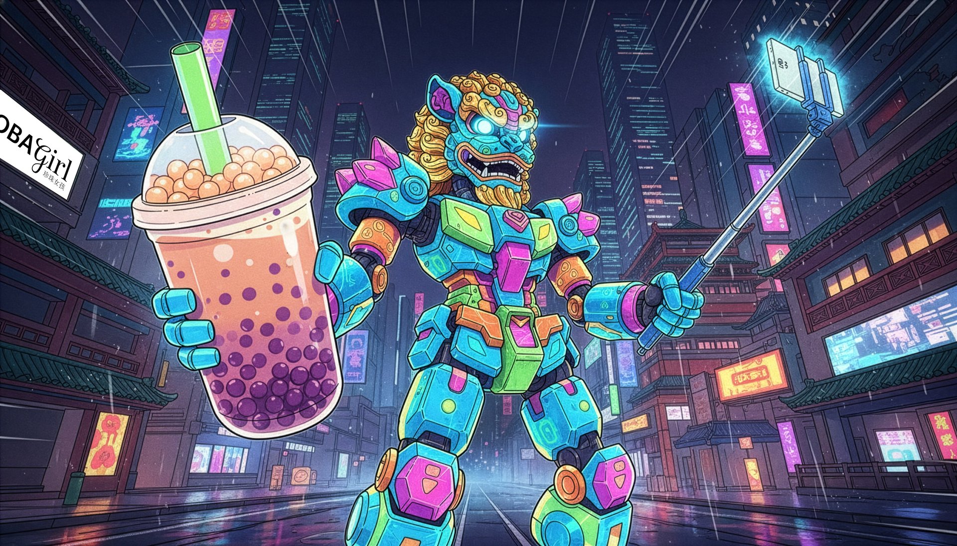 Giant robot taking a selfie and drinking bubble tea