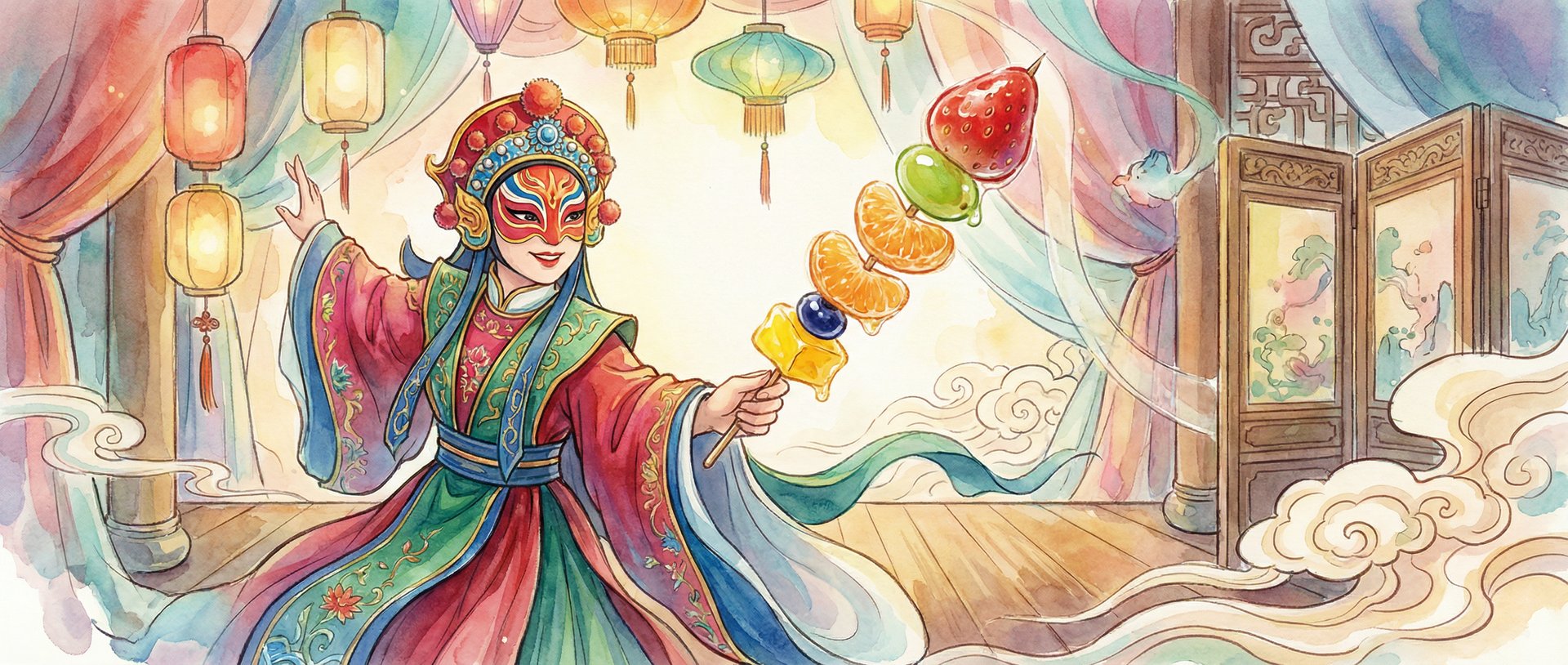 Chinese opera singer holding tanghulu