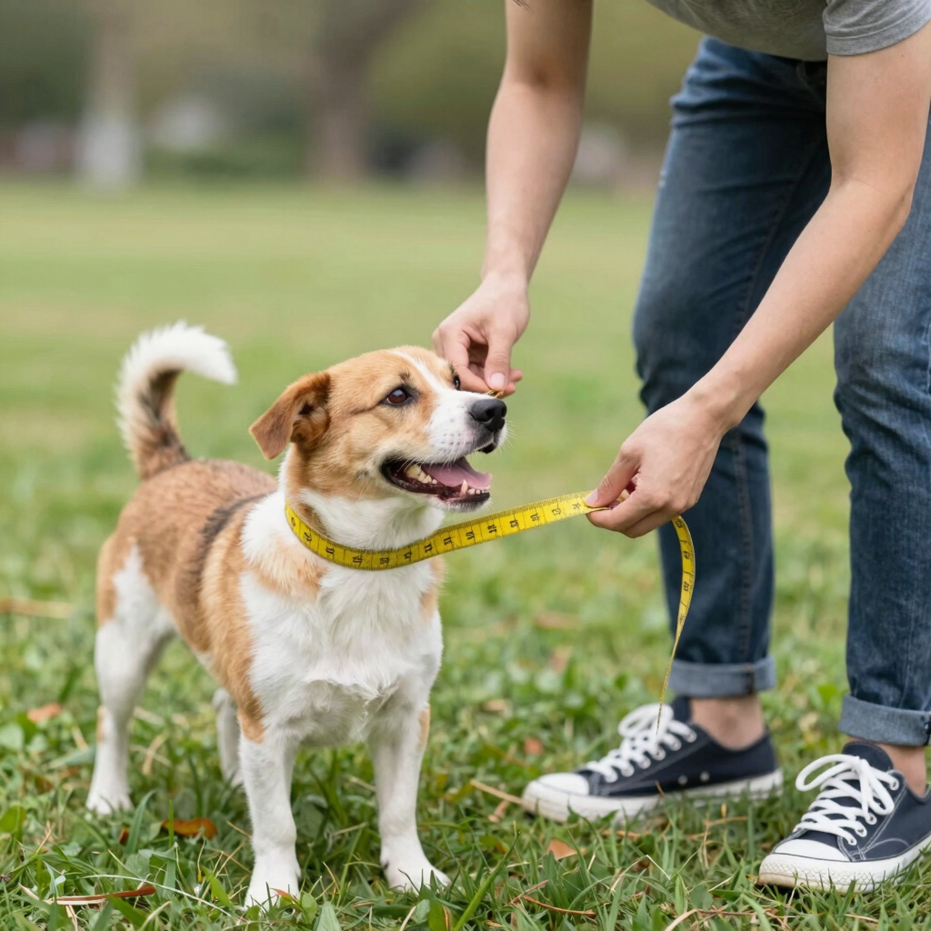 persona con cinta metrica tomandole las medidas a un perrito