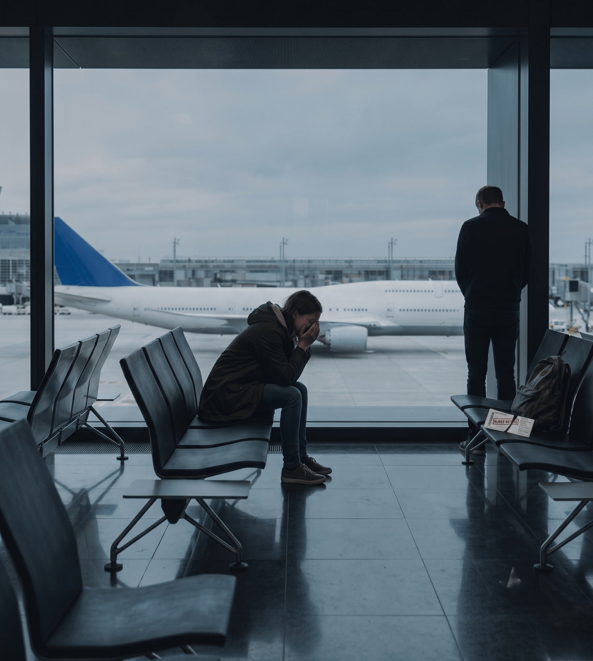 man sitting on gang chair with feet on luggage looking at airplane