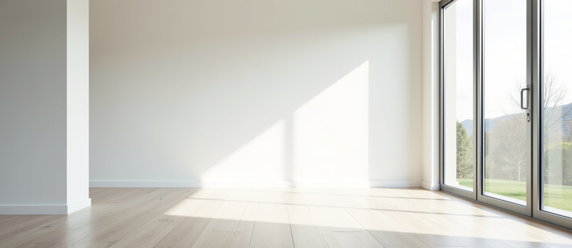 A large contemporary room that is painted white, with sunlight beaming in through the glass doors