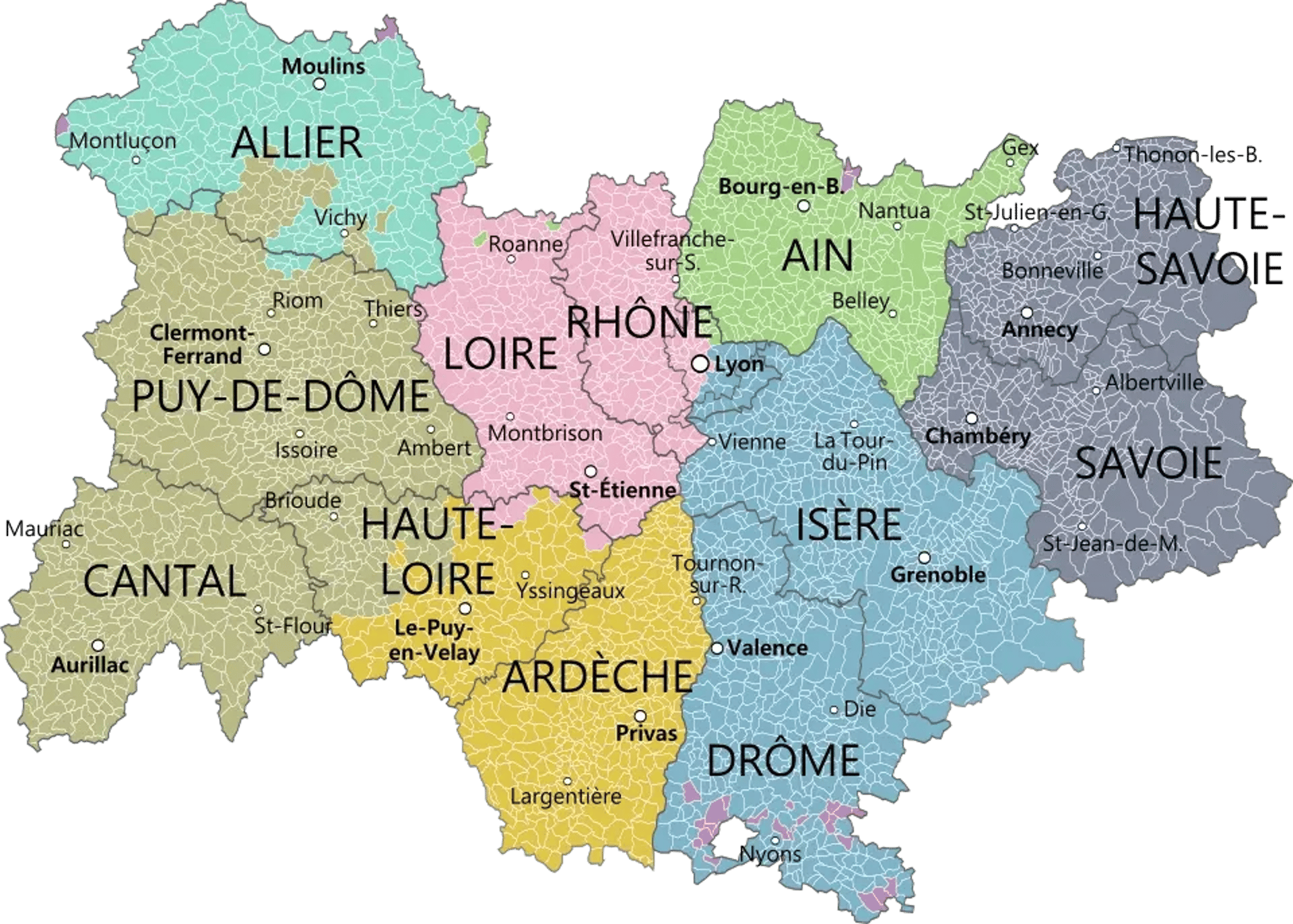 Carte des départements de la région Auvergne-Rhône-Alpes