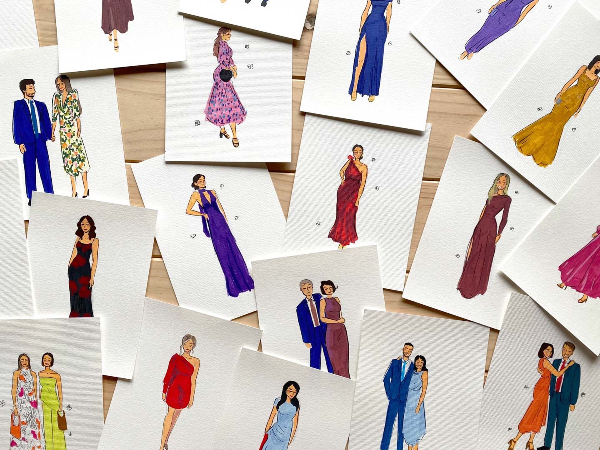 Retratos hechos con rotuladores acrílicos de los diferentes invitados a un evento