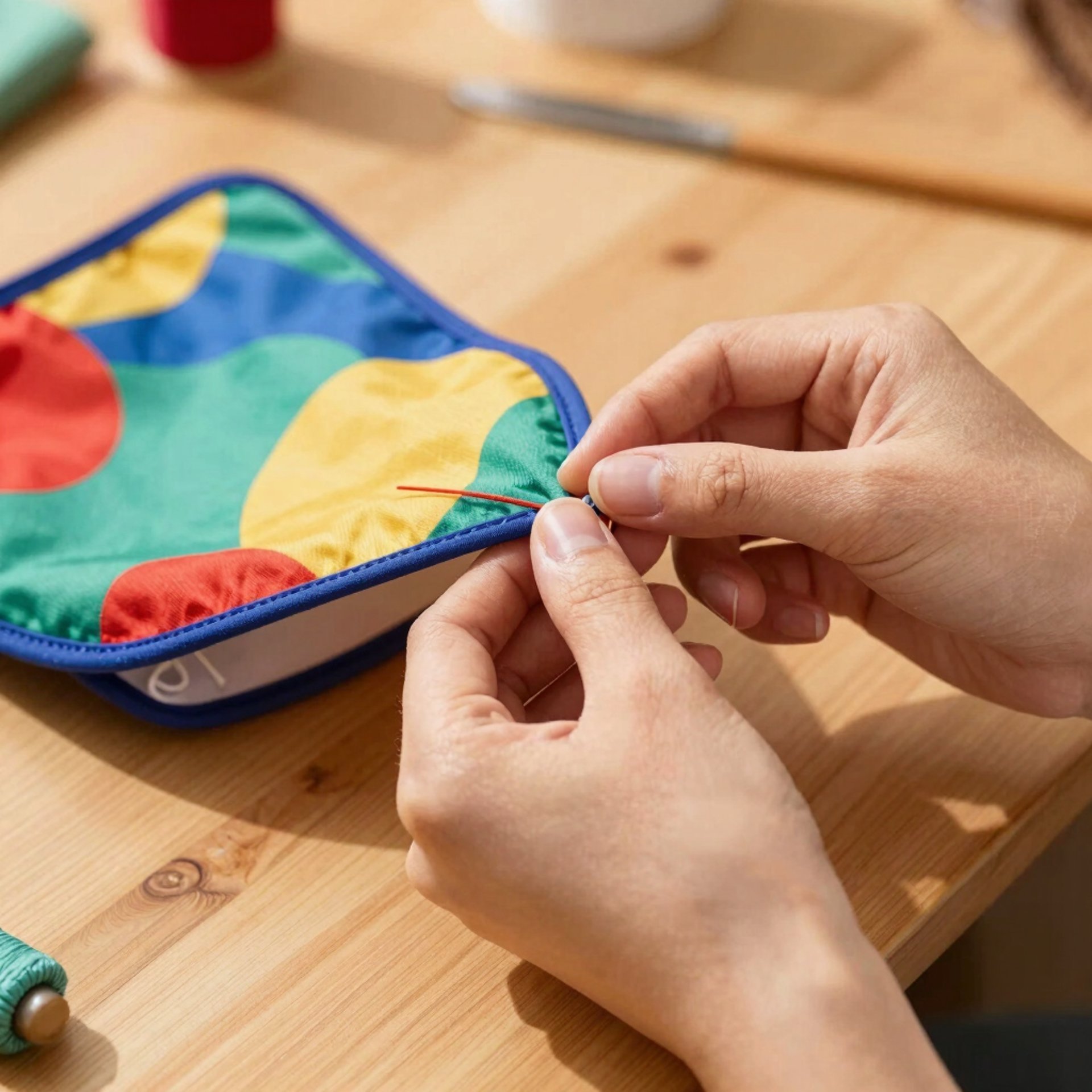 Mano del equipo de Patitas Coquetas cociendo una prenda de sus diseños personalizados