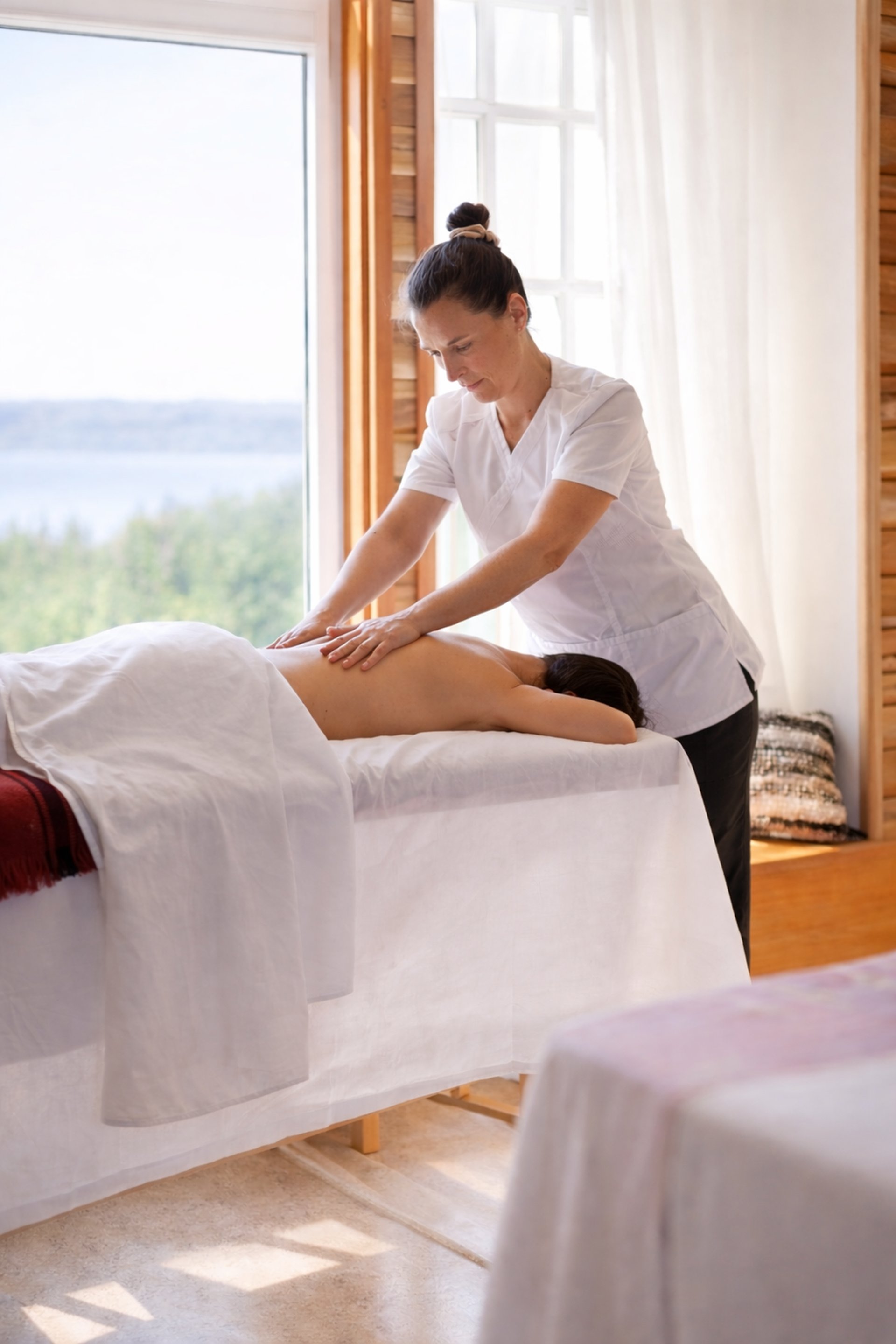 a pregnant woman in a tan top and black pants