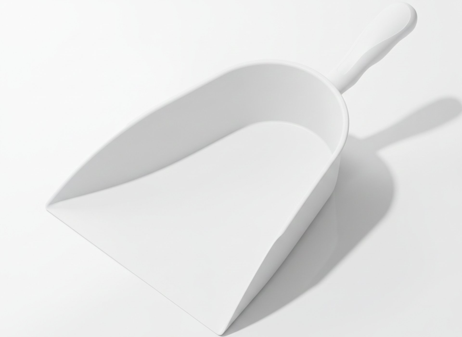 Flat white scoop top view. Wide loading mouth for bulk materials.