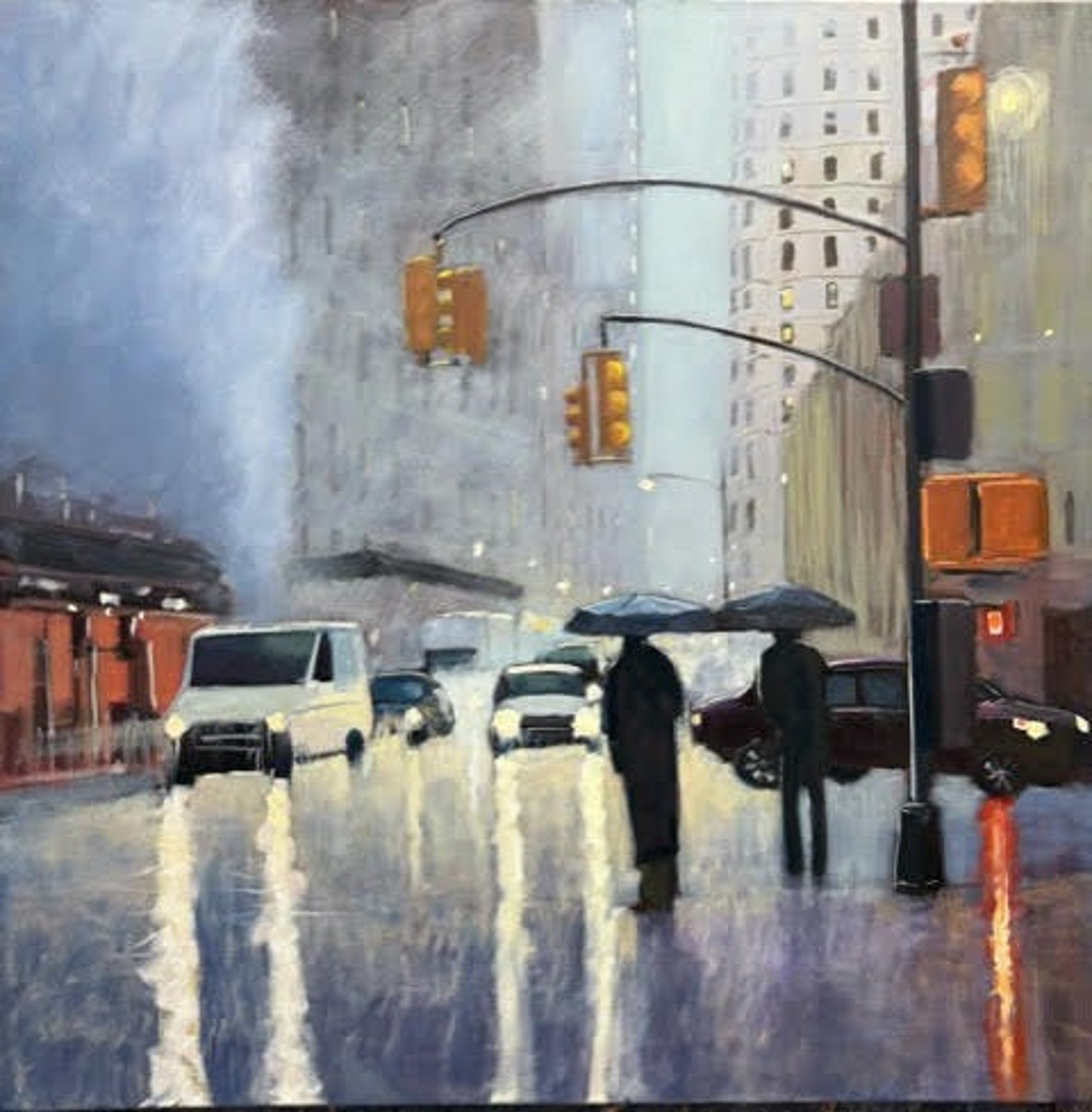 a painting of a grassy field with trees