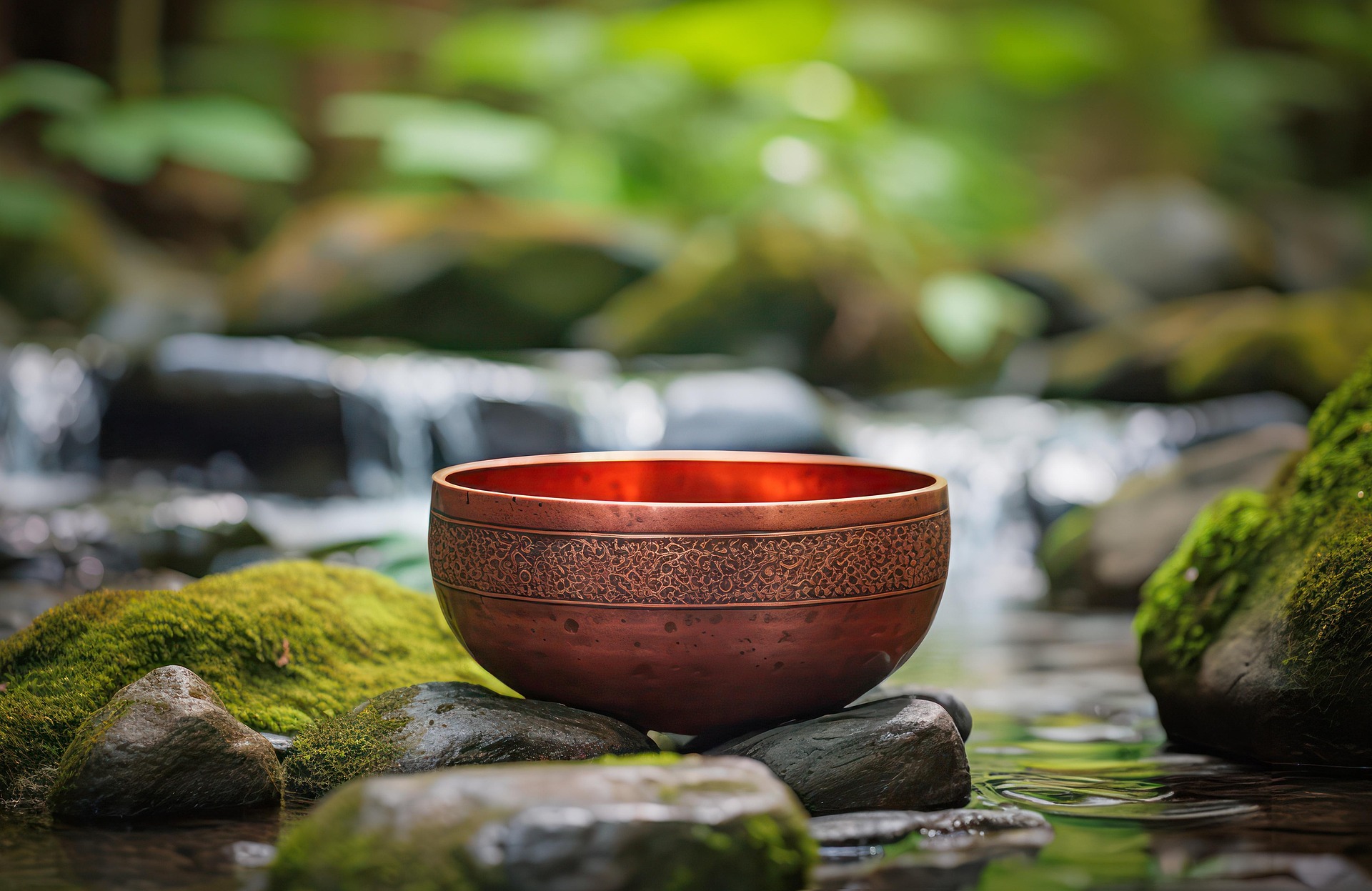 A tibetan singing bowl with ornate carvings and sacred symbols.