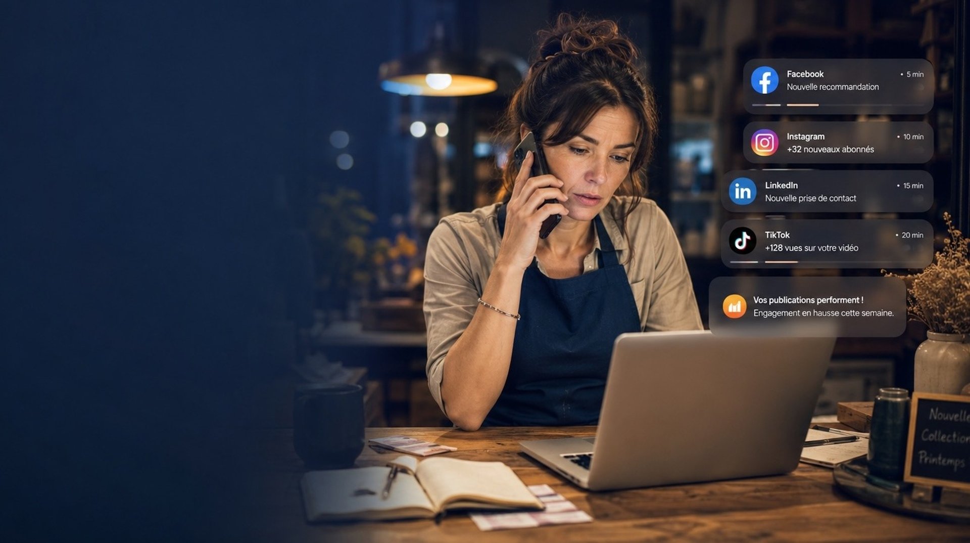 femme gérant commerce stressee car pas de réseaux sociaux