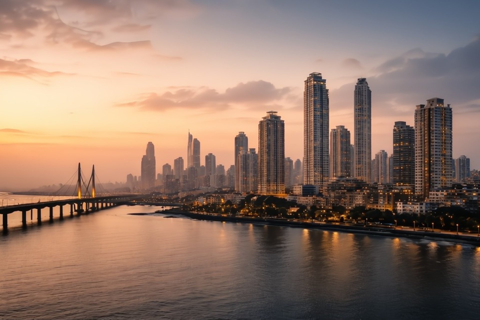 Mumbai skyline with Bandra-Worli Sea Link and luxury real estate buildings – Safari Landmark