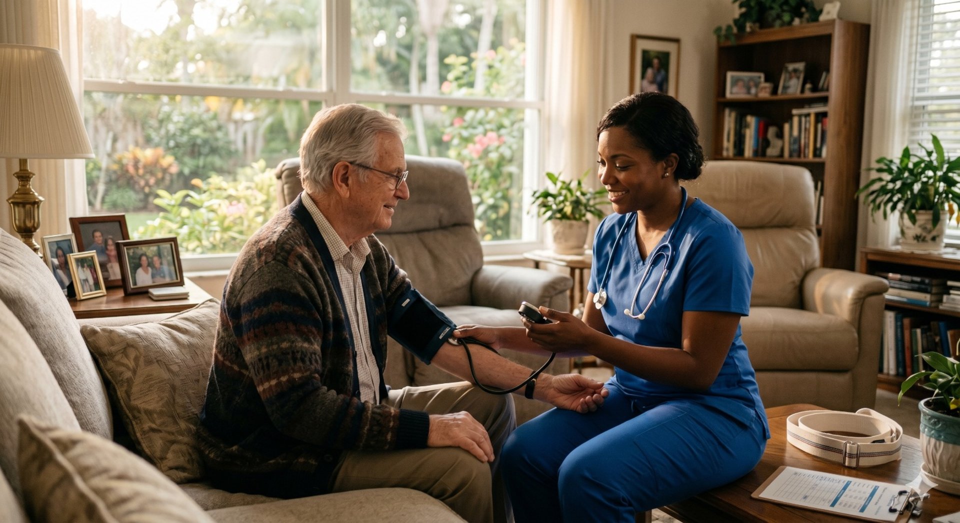 Elderly people and caregiver in a common room