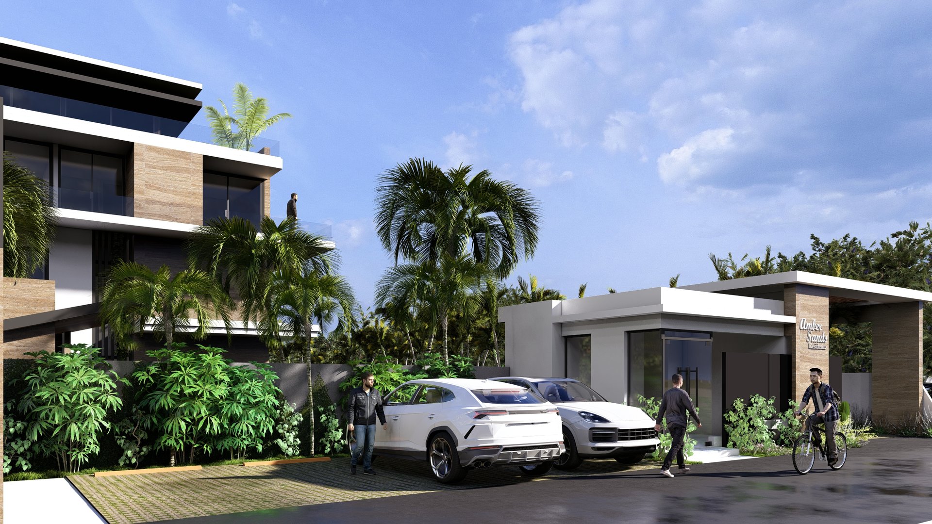 an abstract photo of a curved building with a blue sky in the background