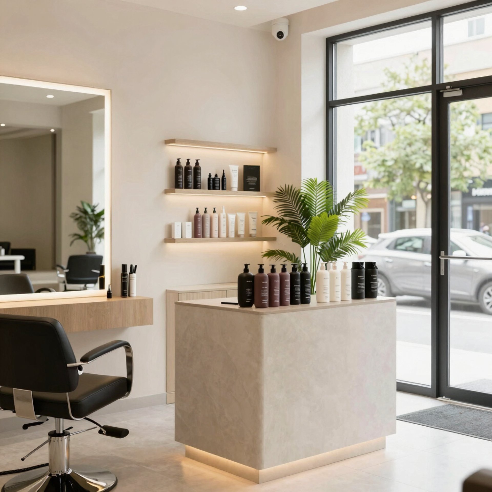 a hair salon with chairs and mirrors