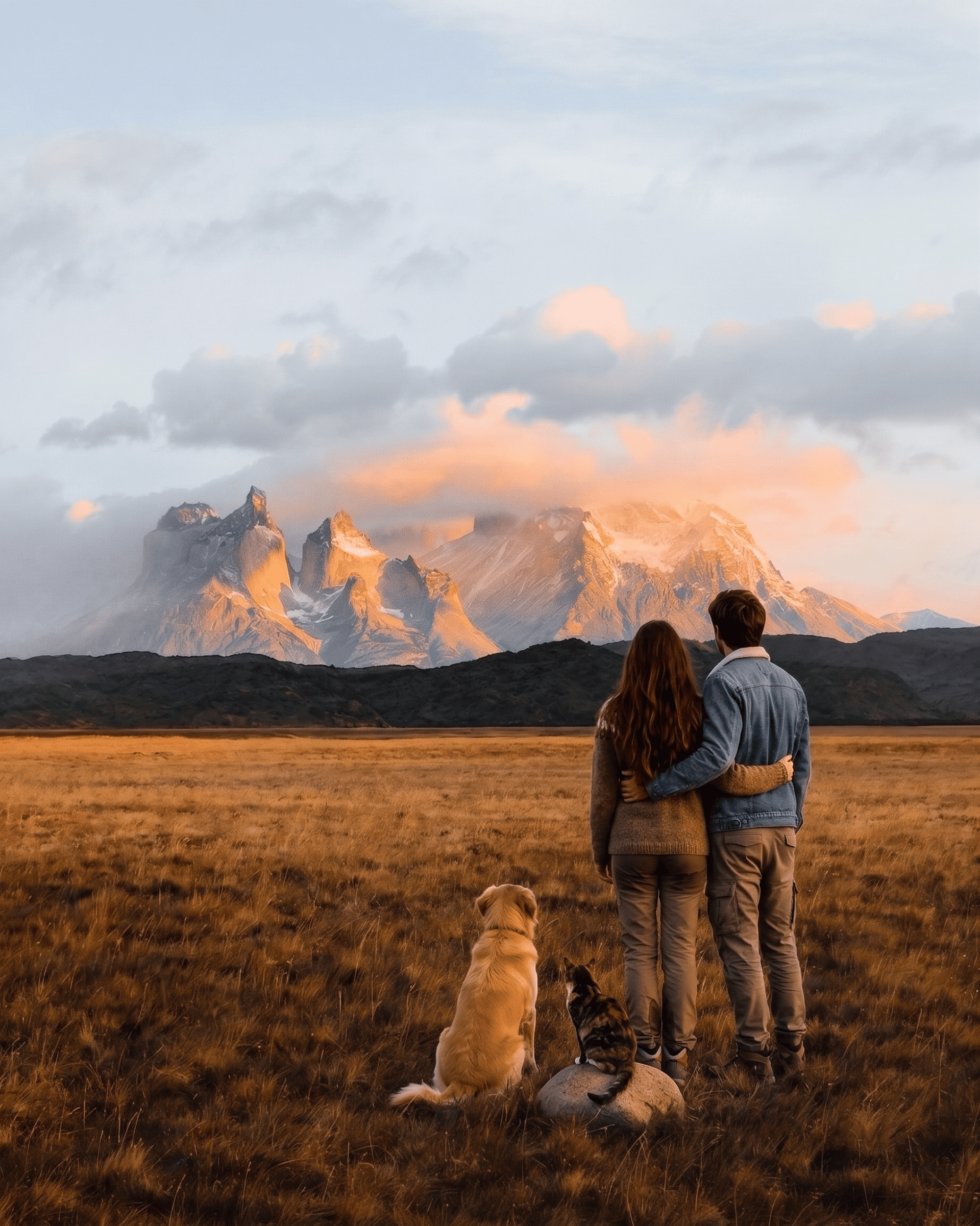 una pareja con su perro y gato mirando la cordillera en la patagonia