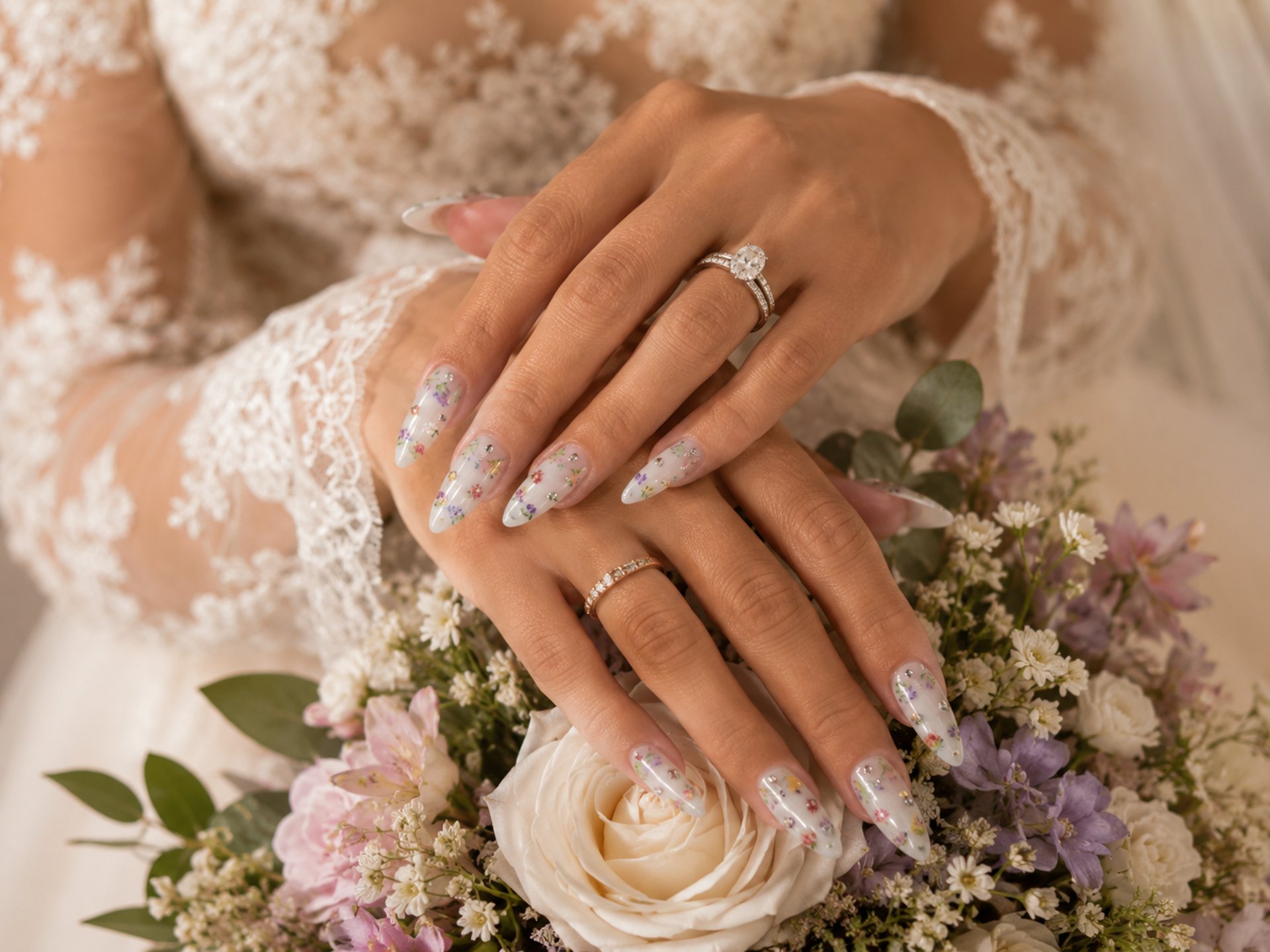 a woman's hands with white manicures and a ring