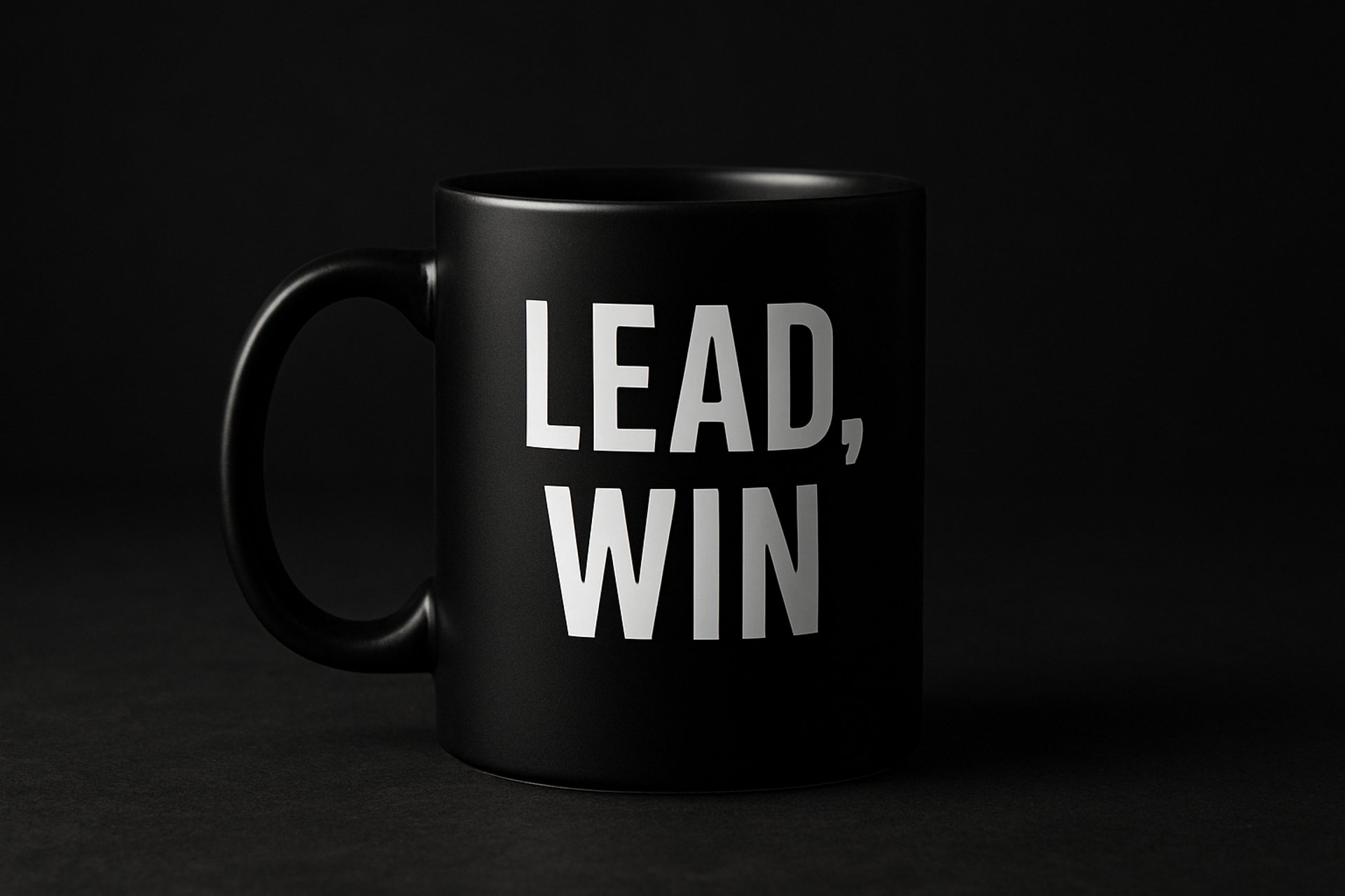 a black coffee mug with the words lead win printed on it