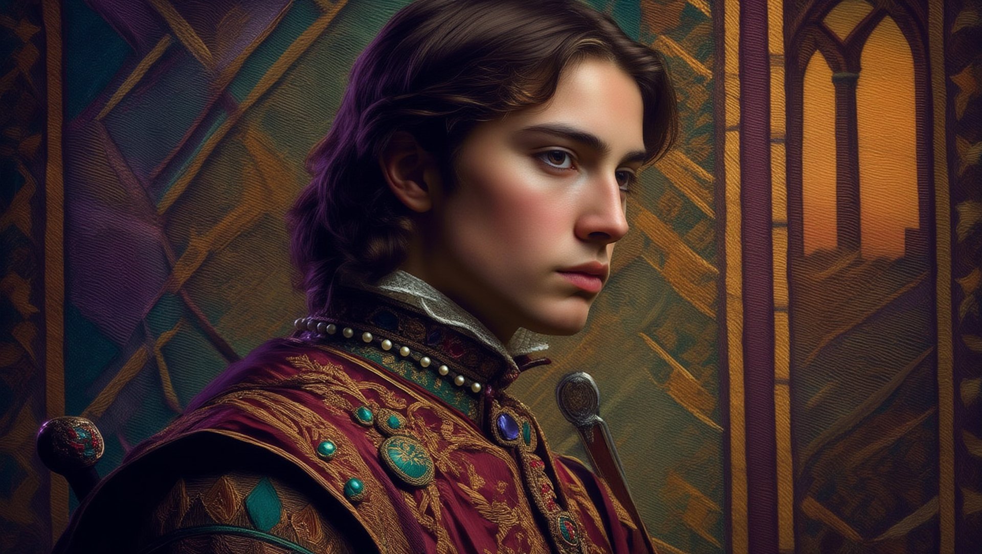 A stylized painting of Diego de Marcilla in an ornate burgundy and gold doublet, set against a patterned Gothic backdrop.