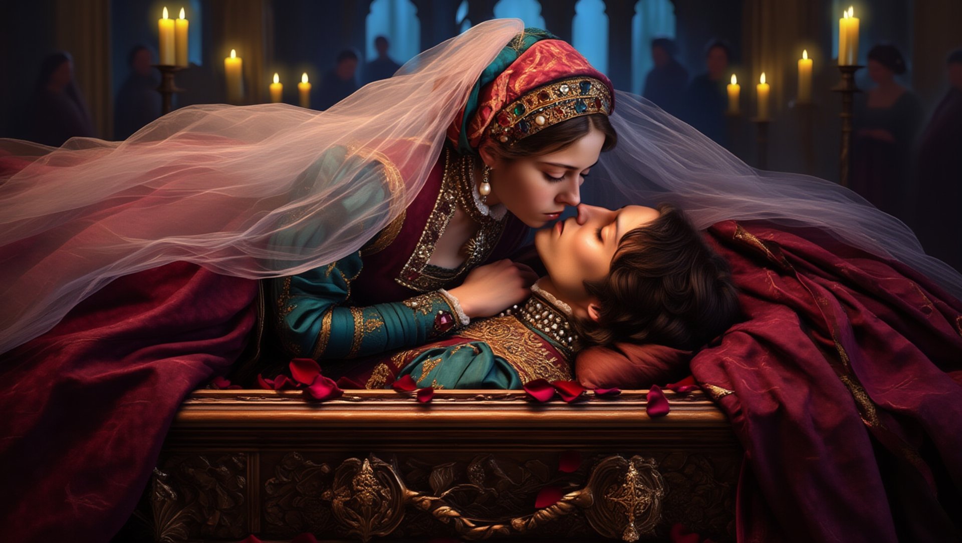 Isabel's farewell. An intimate candlelit tragedy in jewel tones