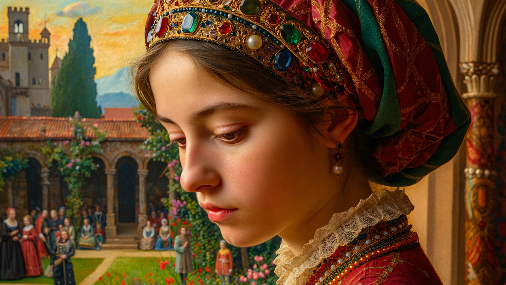 A close-up painting of Isabel de Segura in a jeweled headpiece, with a courtyard and castle in the soft-focus background.