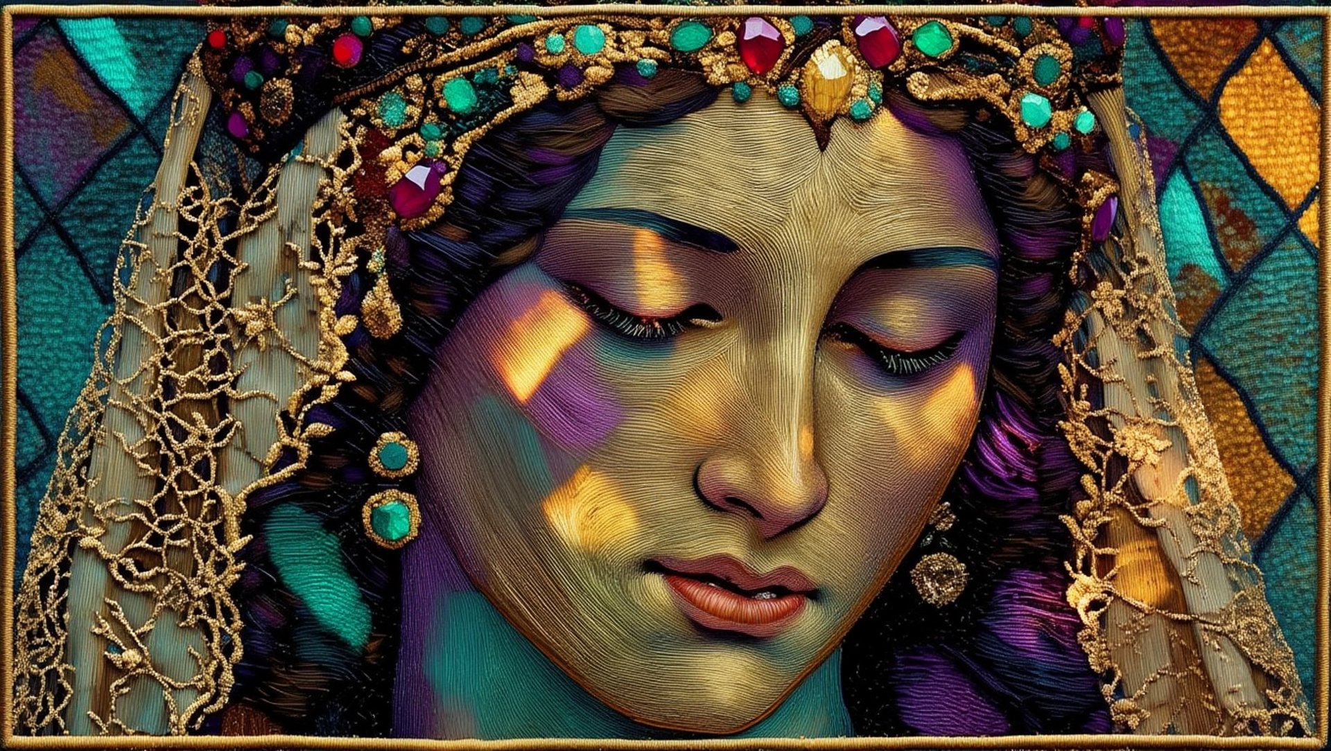 A vibrant, textured embroidery-style portrait of Isabel in a jeweled crown, featuring colorful patterns and golden light.