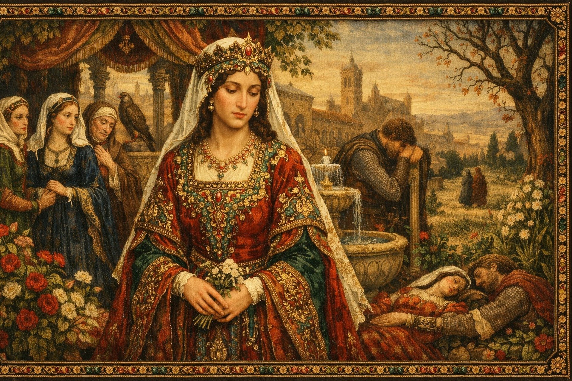 An intricate Renaissance-style painting of Isabel Segura in jeweled robes, overlooking a palace garden with noble figures.