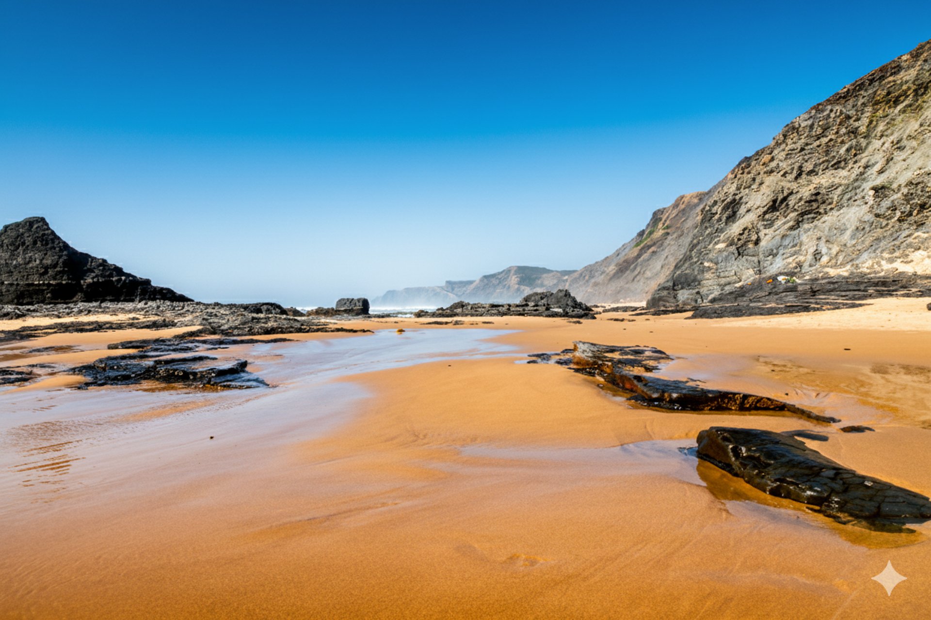 Rugged golden-sand beach in Portugal with wet, reflective sand, dark rocks, and steep cliffs under a deep blue sky.