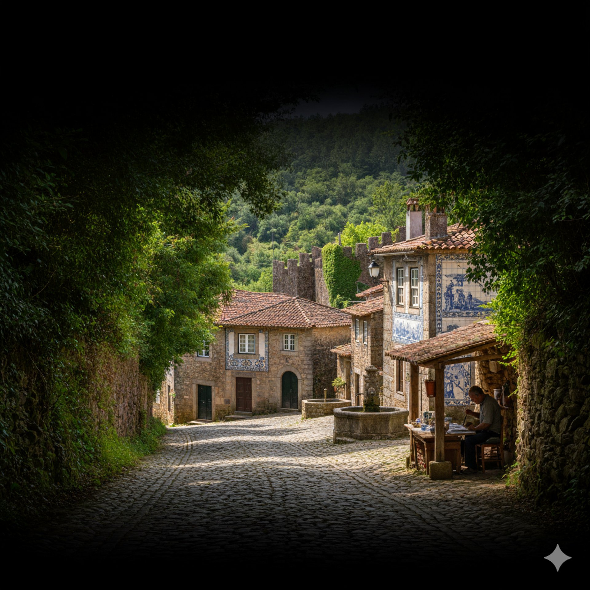 a cobblestone street with a stone building in the background