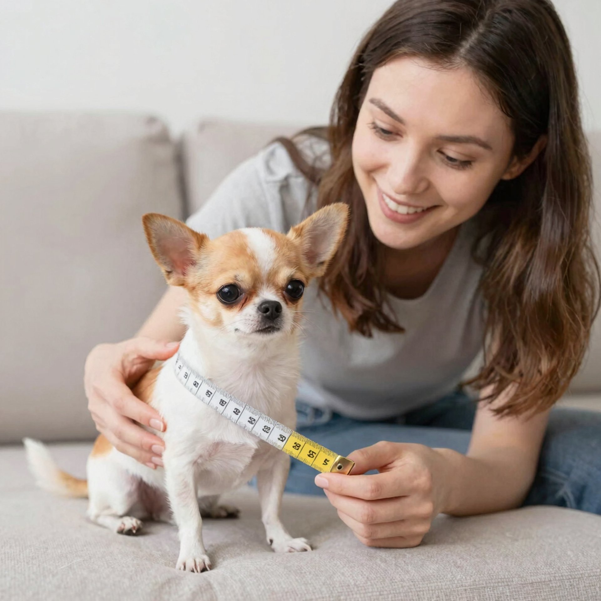 Mujer tomando medidas a chihuahua con cinta métrica.