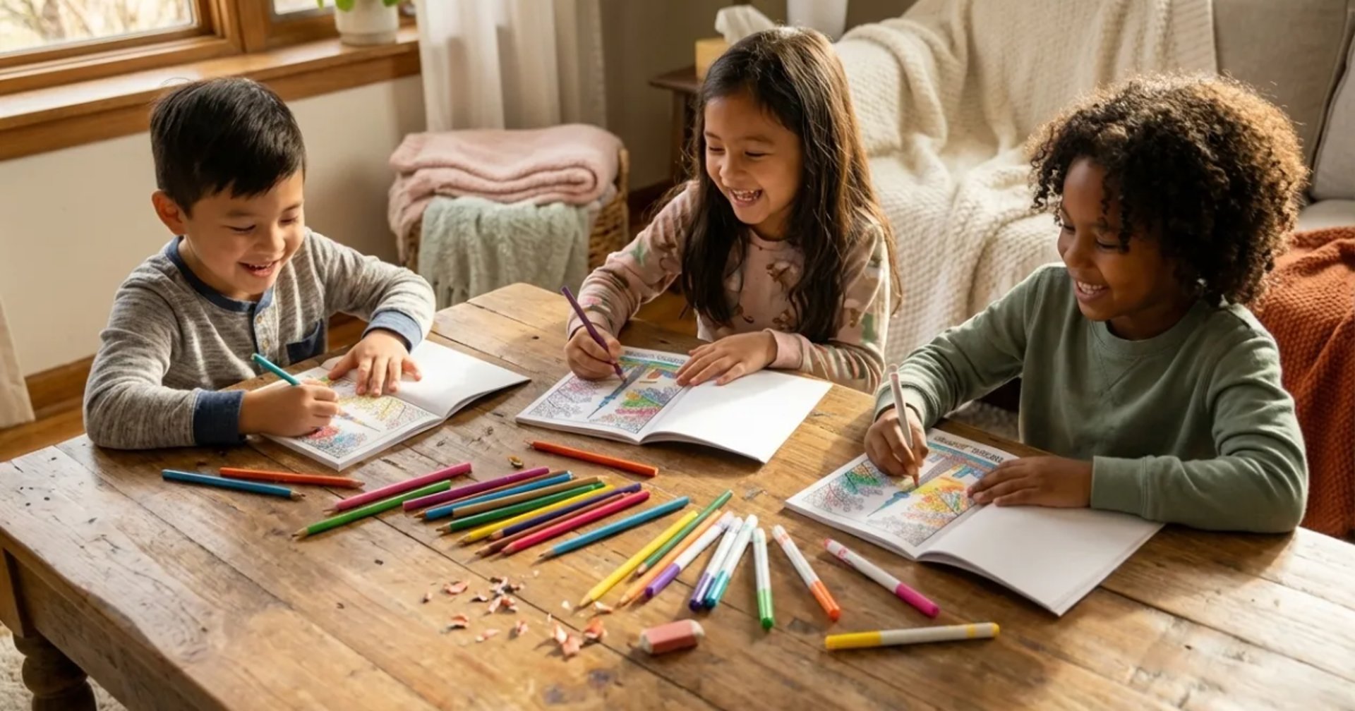 3 kids each are coloring a coloring book page