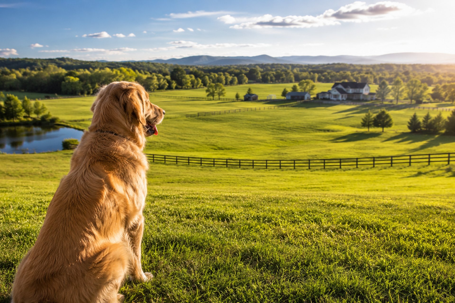 Golden Retriever overlooking open rural acreage, ideal for GPS dog fences and large-property pet safety.