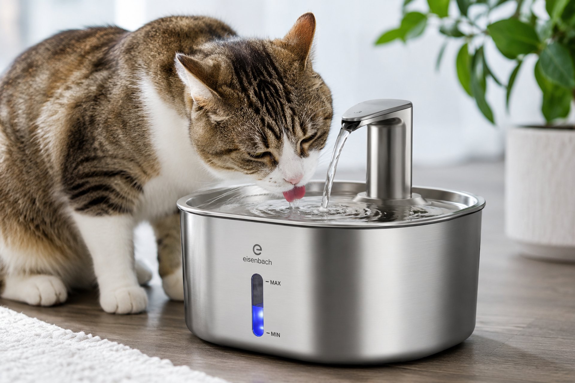Cat drinking fresh running water from a stainless steel smart pet fountain designed for healthy daily hydration.