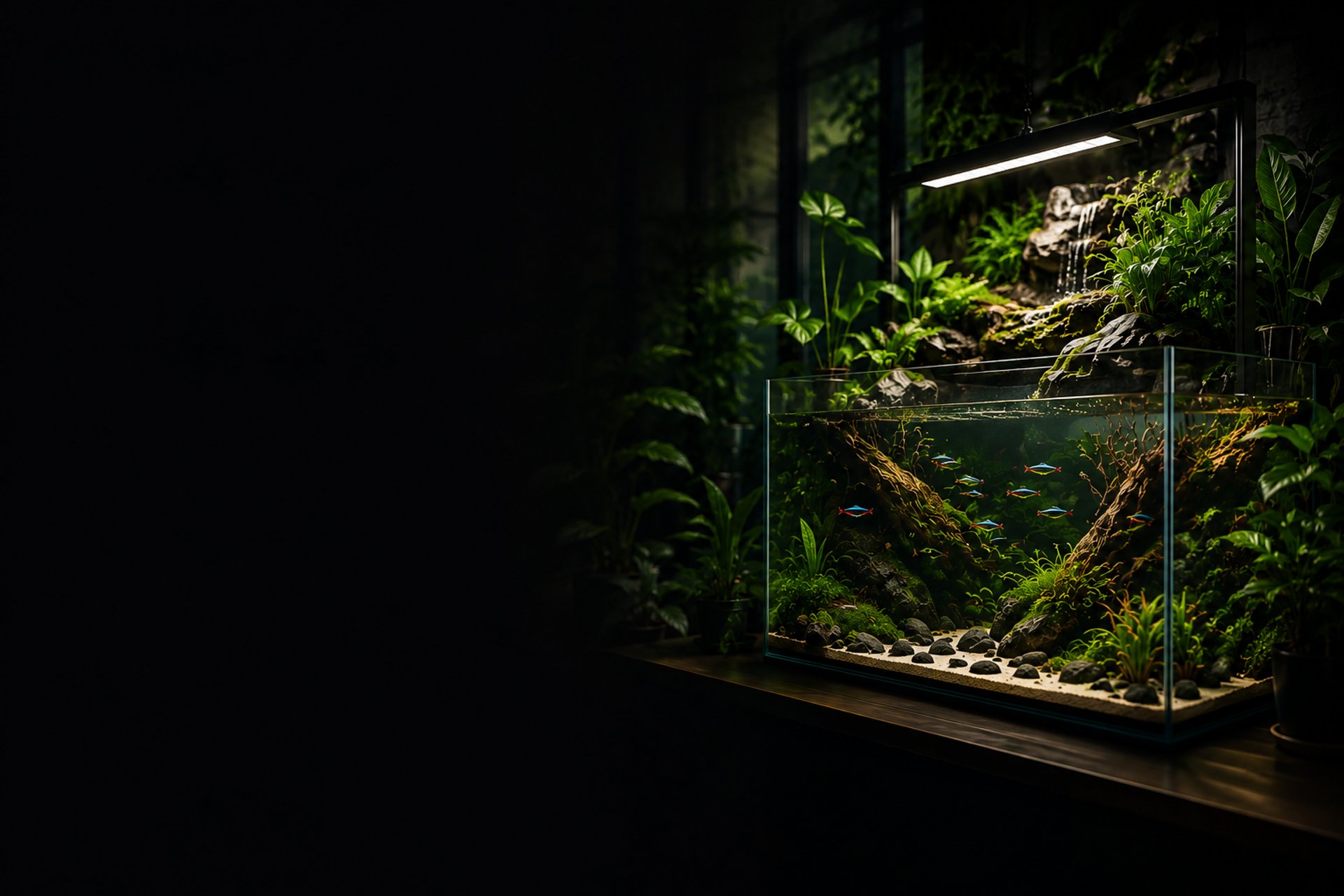 Nature-style paludarium aquarium featuring lush tropical plants, a cascading waterfall, driftwood aquascape