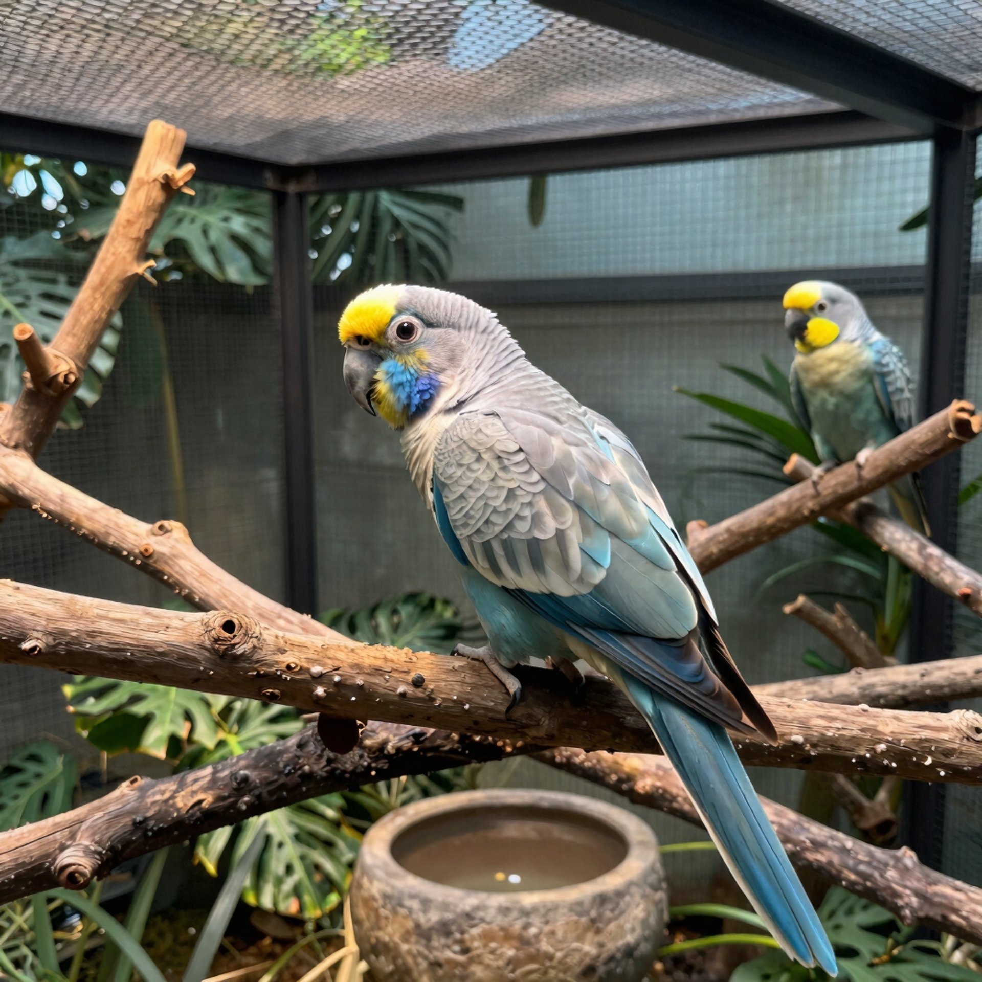  clean tropical aviary an exotic bird resting comfortably in a beautifully illuminated, modern indoor enclosure.