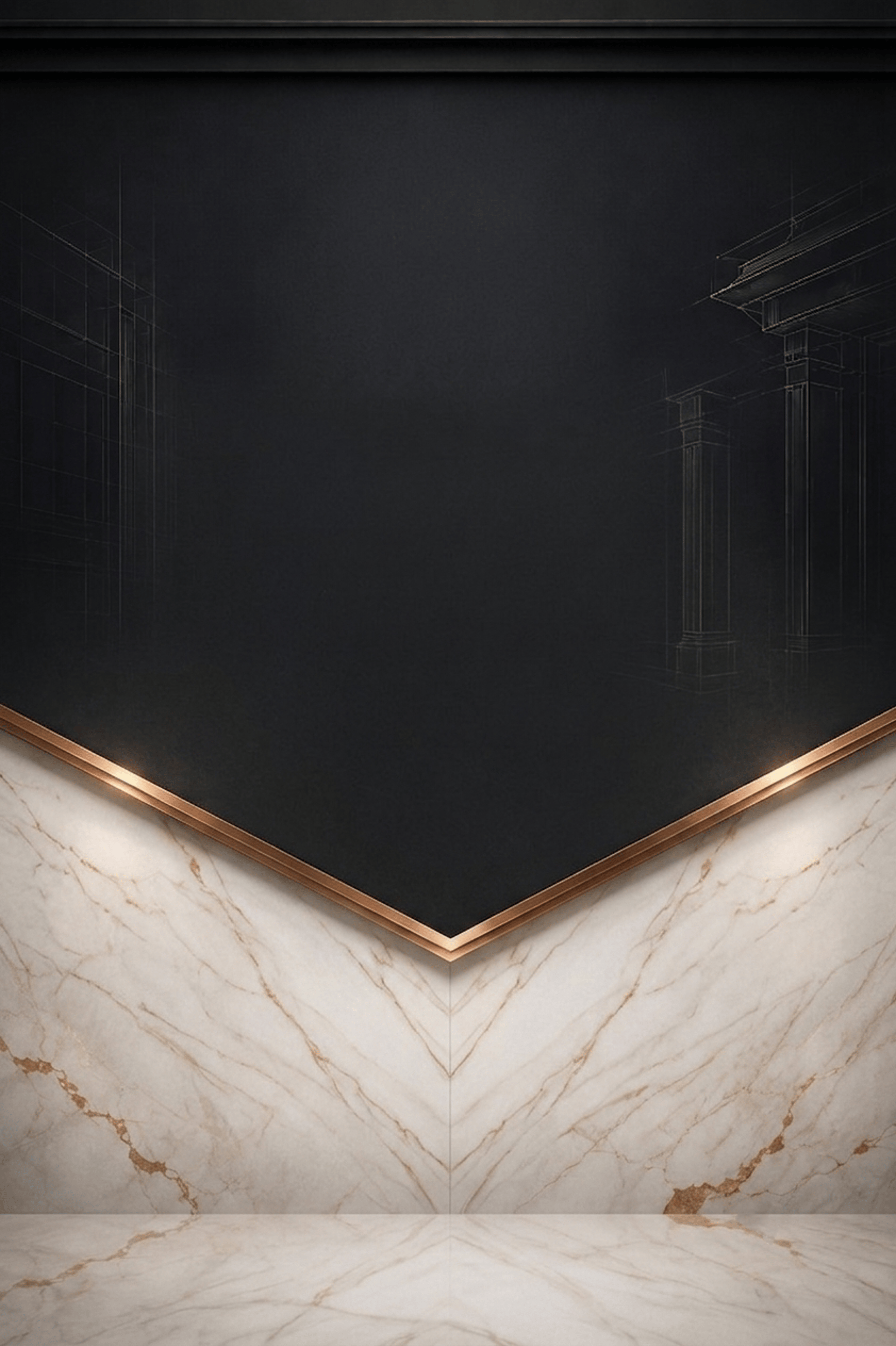 Luxury architectural background with dark slate, polished copper chevron trim, and white marble with gold veins at the bottom