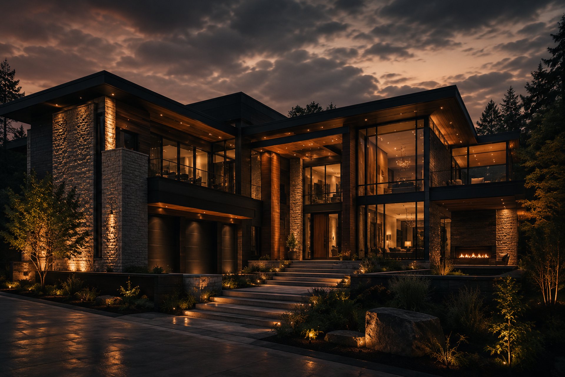 expansive floor-to-ceiling glass, natural stone, rich wood accents, sophisticated exterior lighting, and designed landscaping