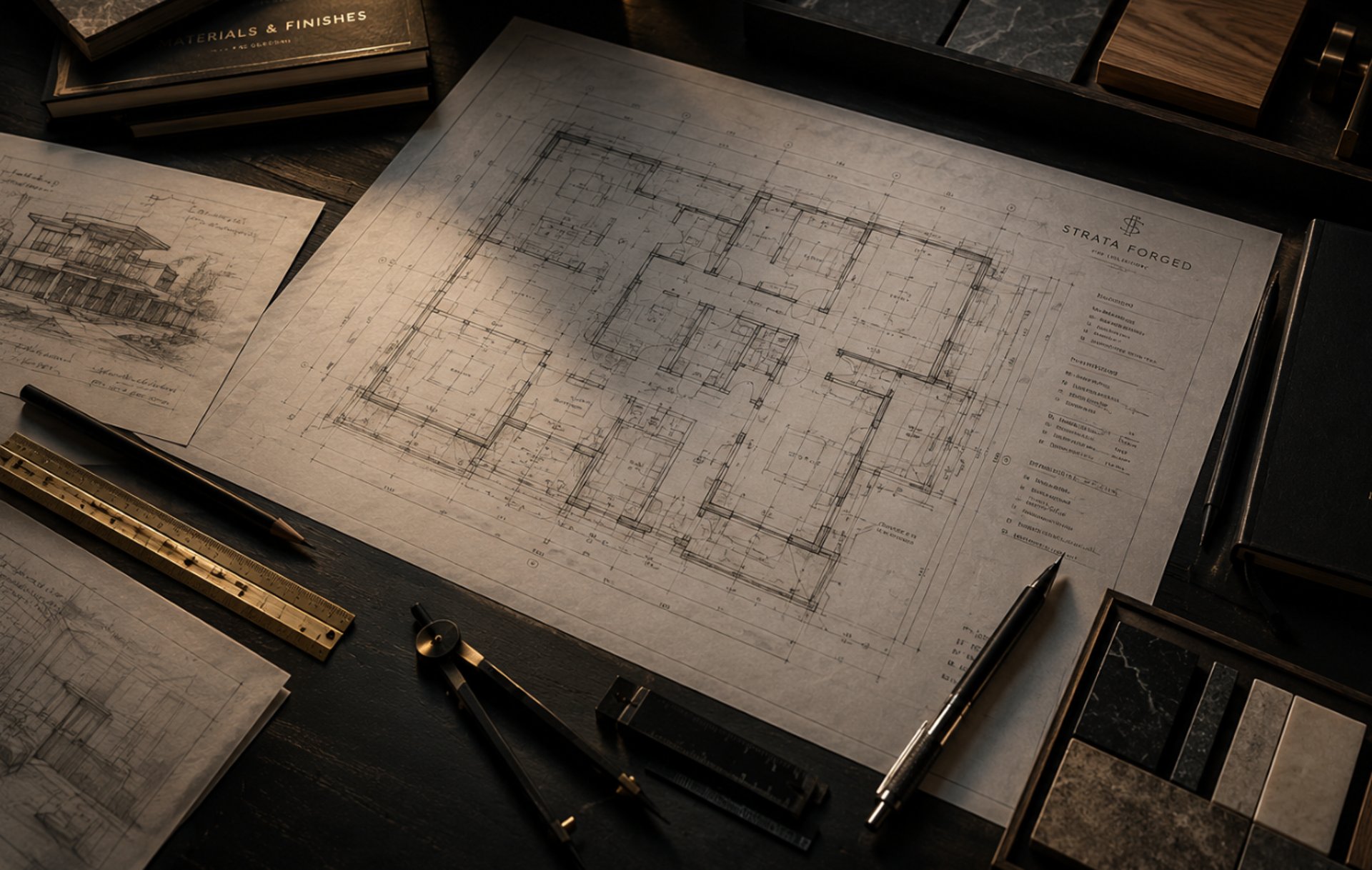Architectural planning blueprints alongside  materials and tools on a dark wood
