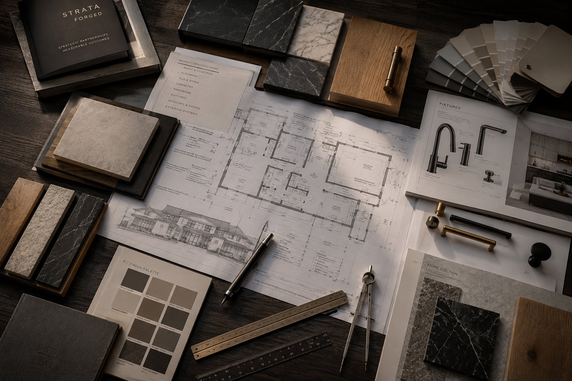 esidential blueprints, home improvement material samples, finish selections