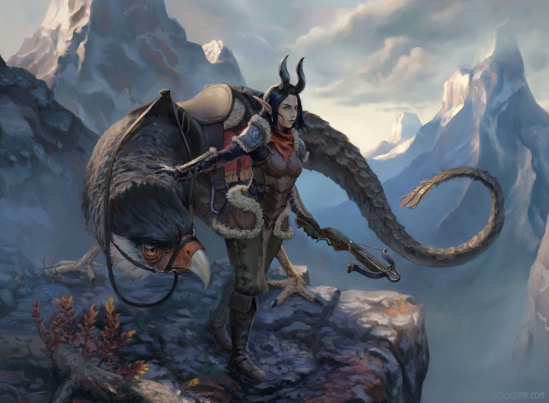 MtG Style Illustration of a Tiefling Character and it's companion by Esteban Campos.