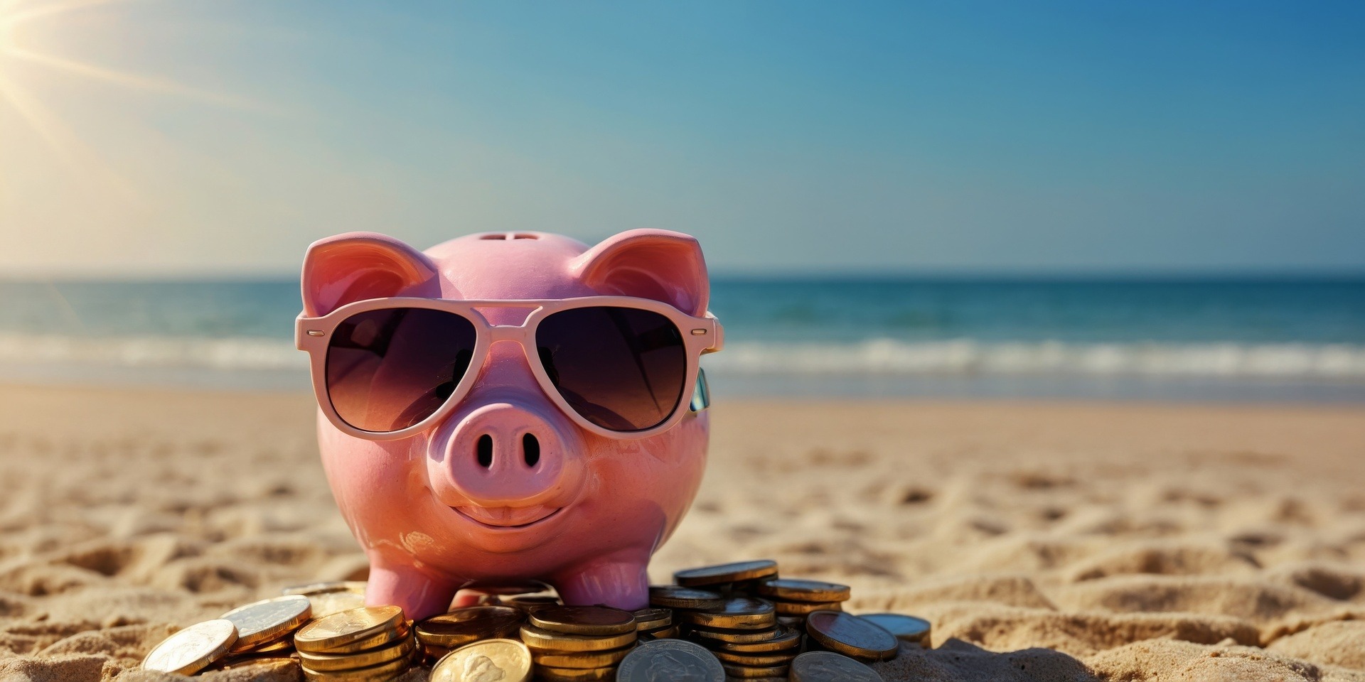 Pink piggy bank on beach with sunglasses and coins saving money for Dominican Republic travel