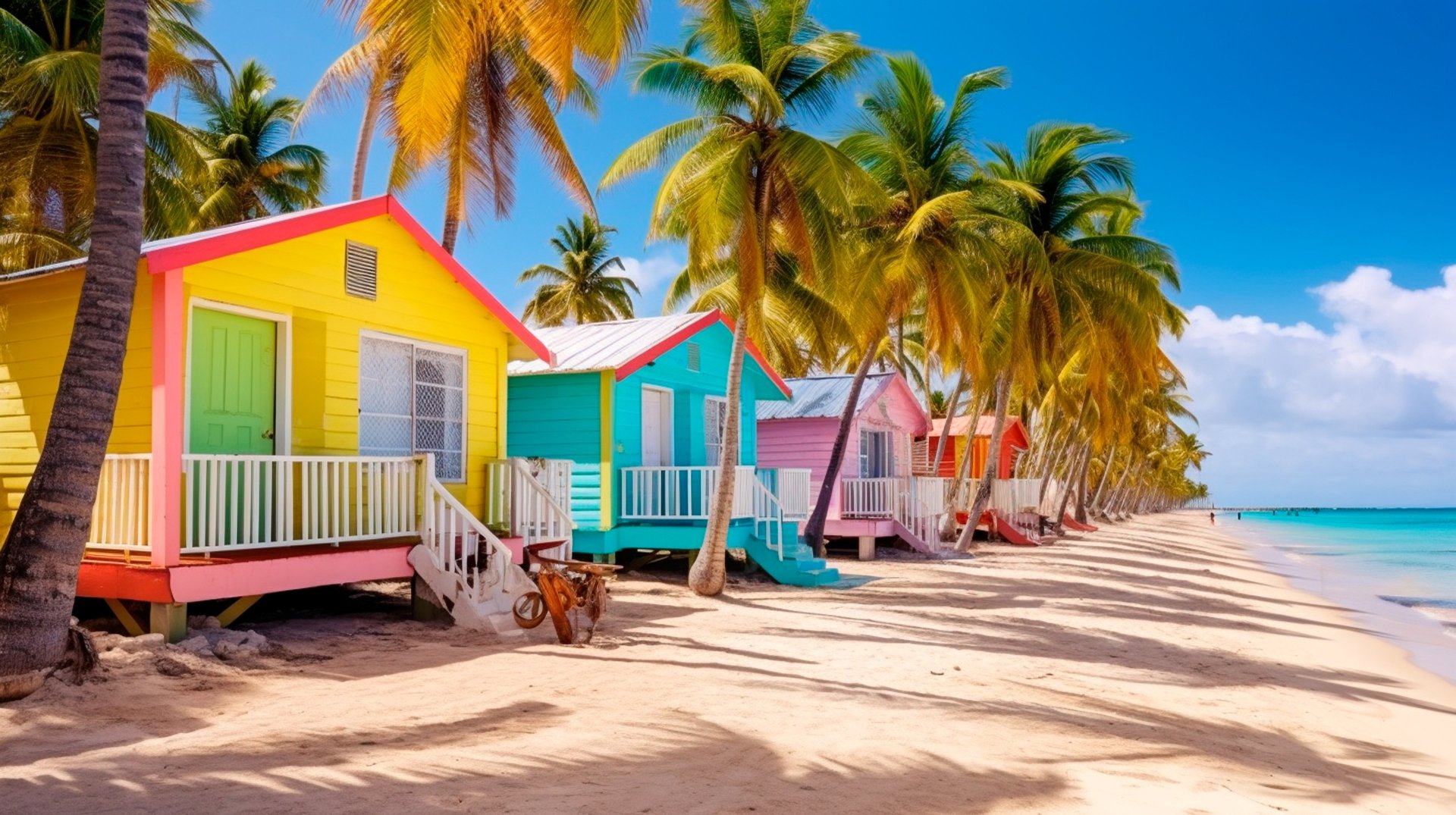 Colorful beach huts and palm trees on Catalina Island, a tropical destination in the Dominican Republic