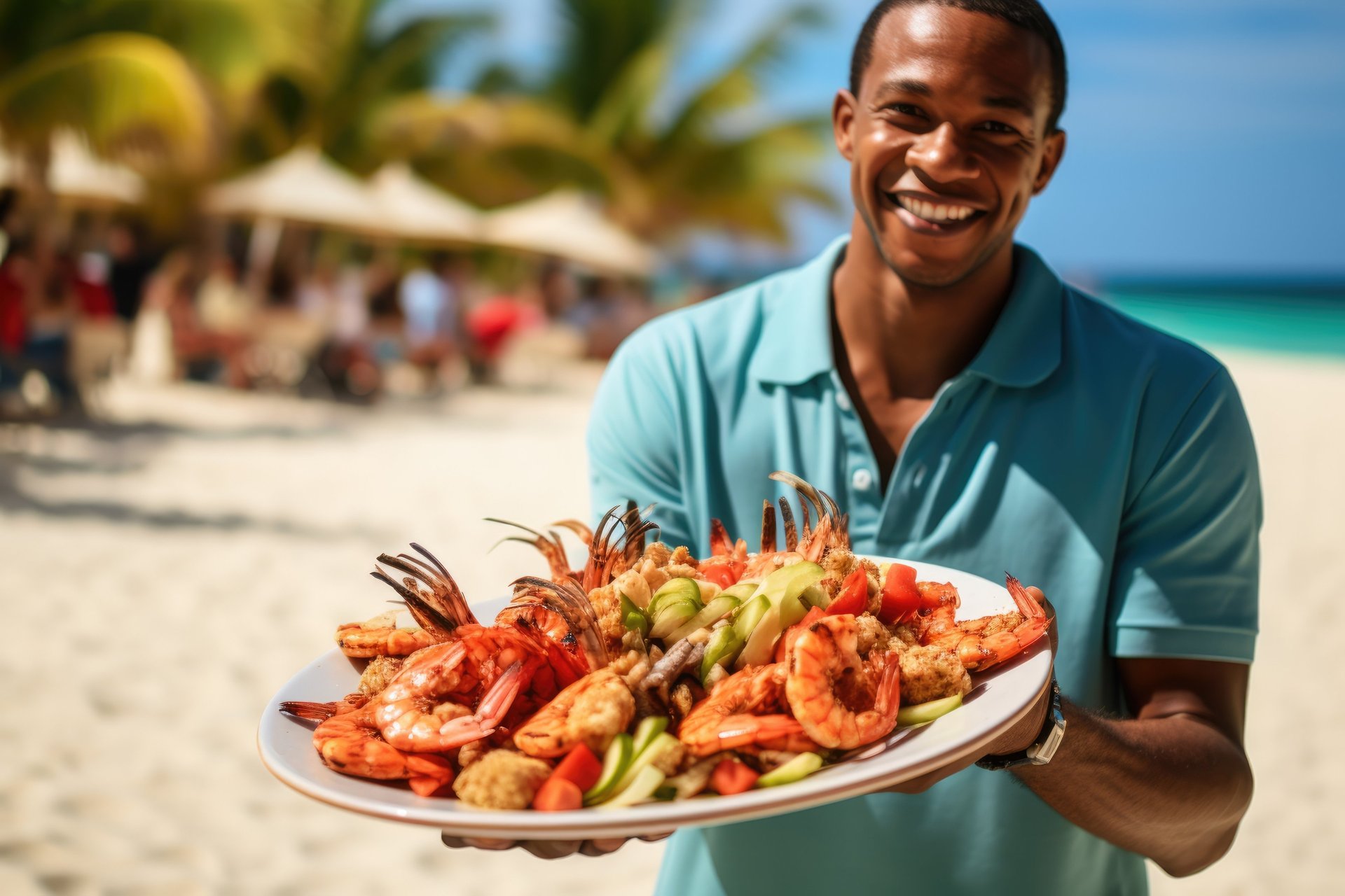 Seafood platter served on the beach in the Dominican Republic
