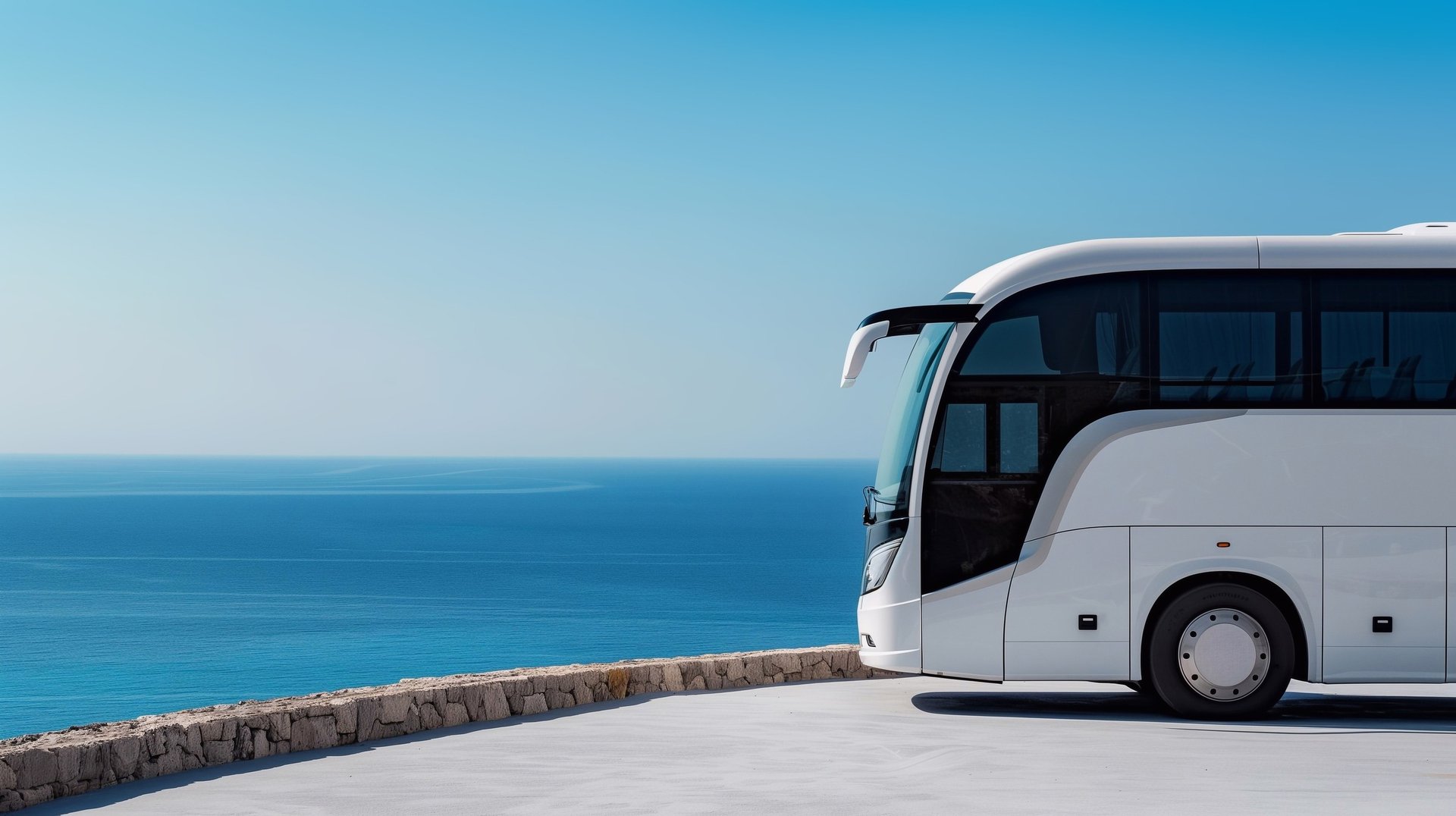 Long distance bus transportation in Dominican Republic with scenic Caribbean sea view