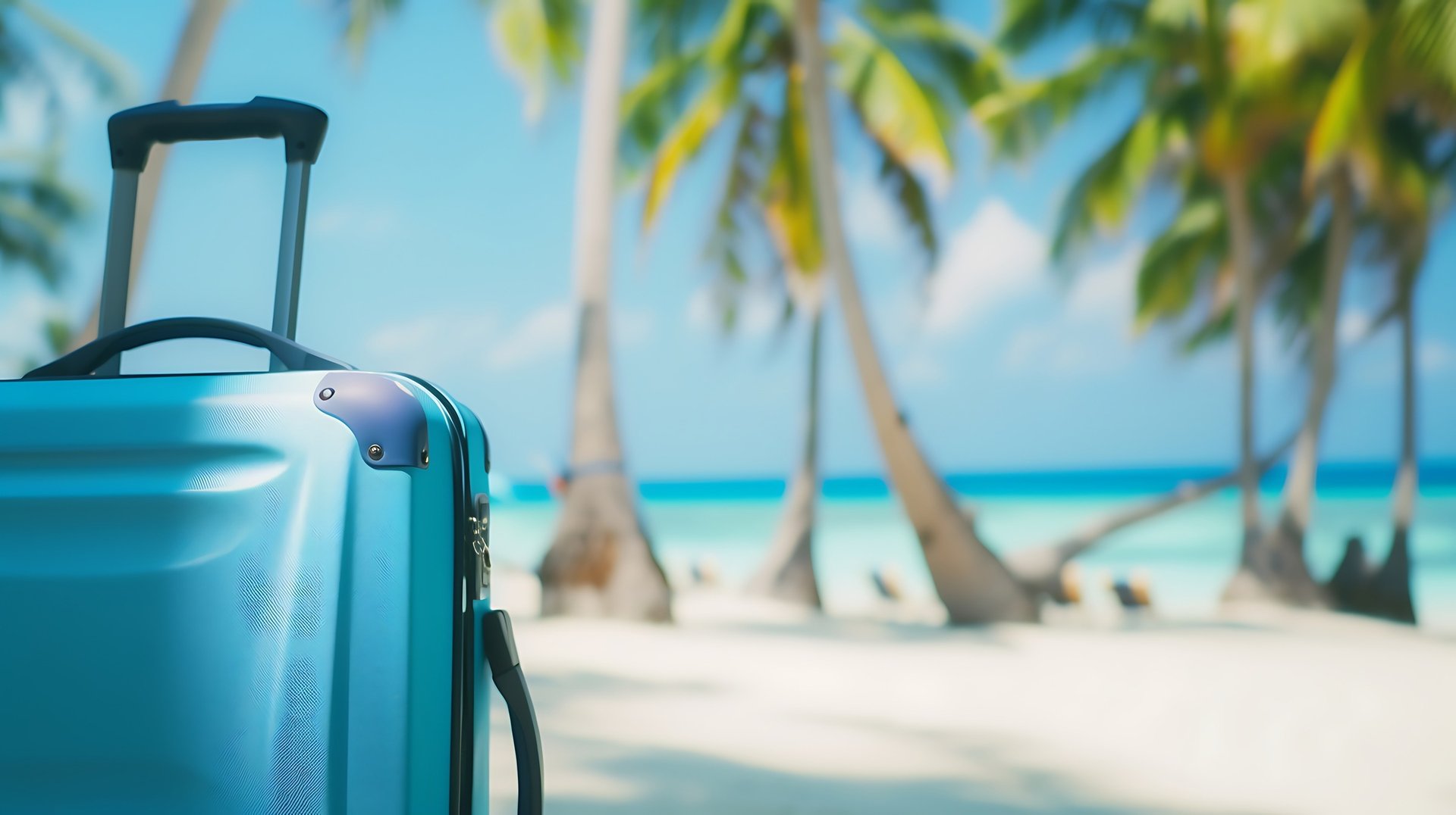 Blue suitcase on tropical beach with palm trees, perfect for Dominican Republic packing list